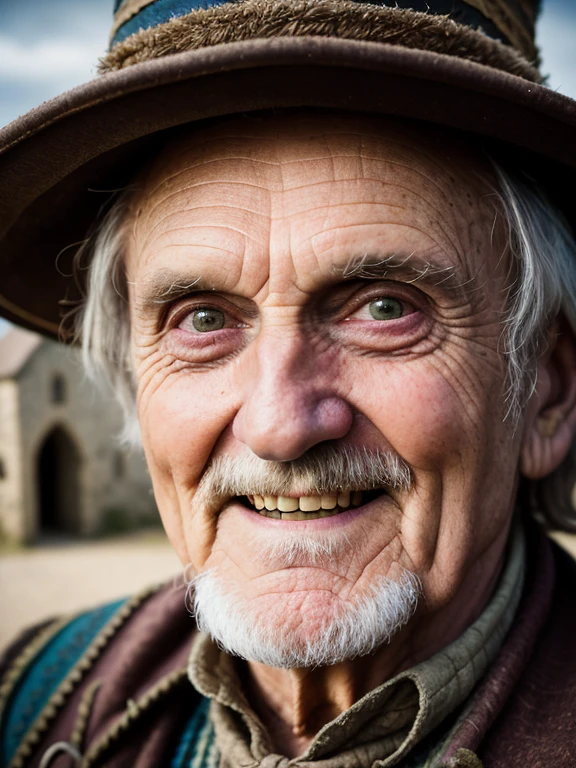 A (portrait photography: 1.2) close up photo of a mix between Marty Feldman and Dennis Hopper as a medieval fantasy 50 year-old male magical wizard, adult, extremely short masculine hair, smiling expression, medieval fantasy poor wizard clothes, in a medieval fantasy town, cinematic lighting, Canon EOS 5D Mark IV