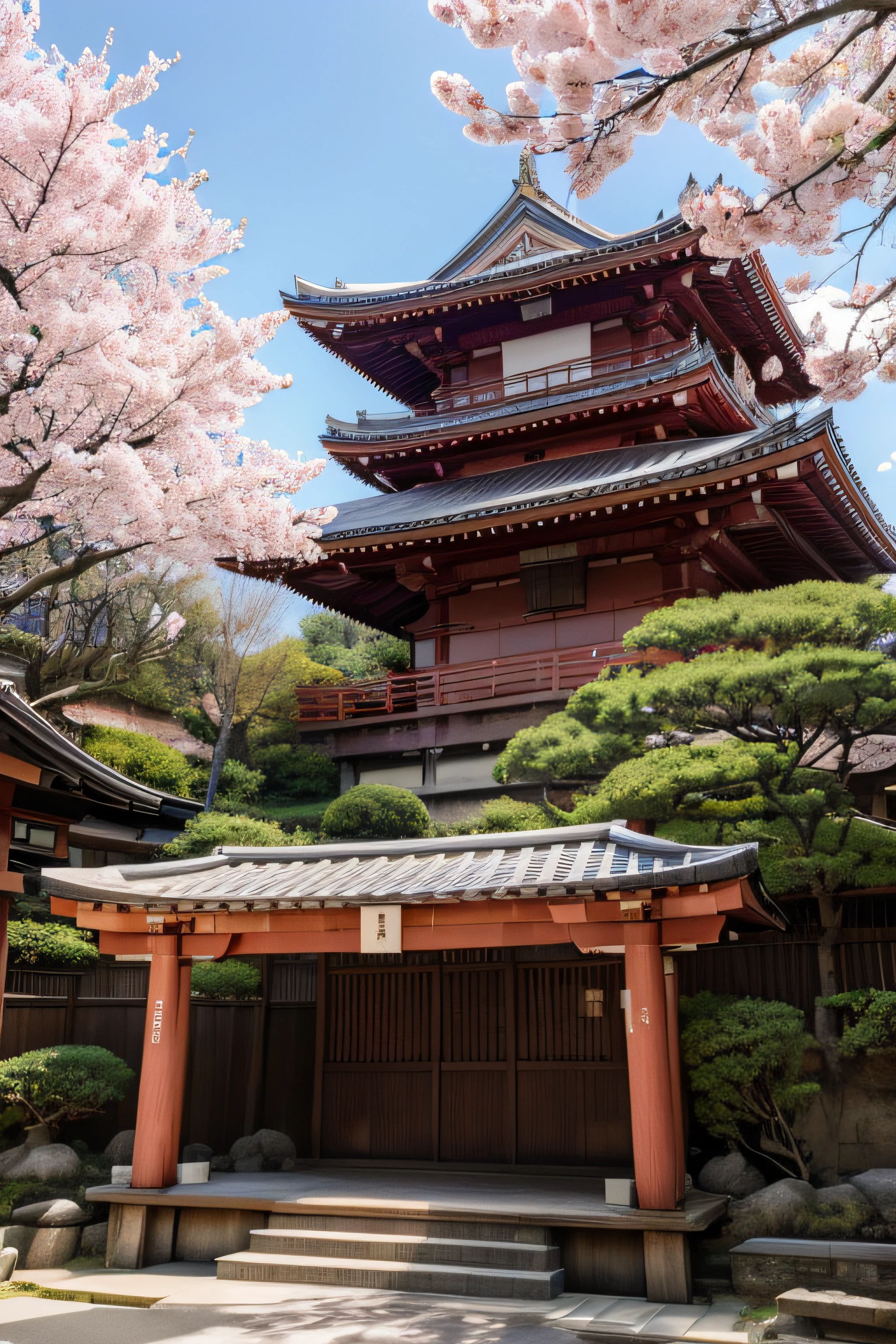 a building with a bunch of pink flowers in front of it, a picture, by Torii Kiyomasu, flickr, sōsaku hanga, an altar of a temple, kodak portra 4 0 0, sakura tree in background, high-end onsen