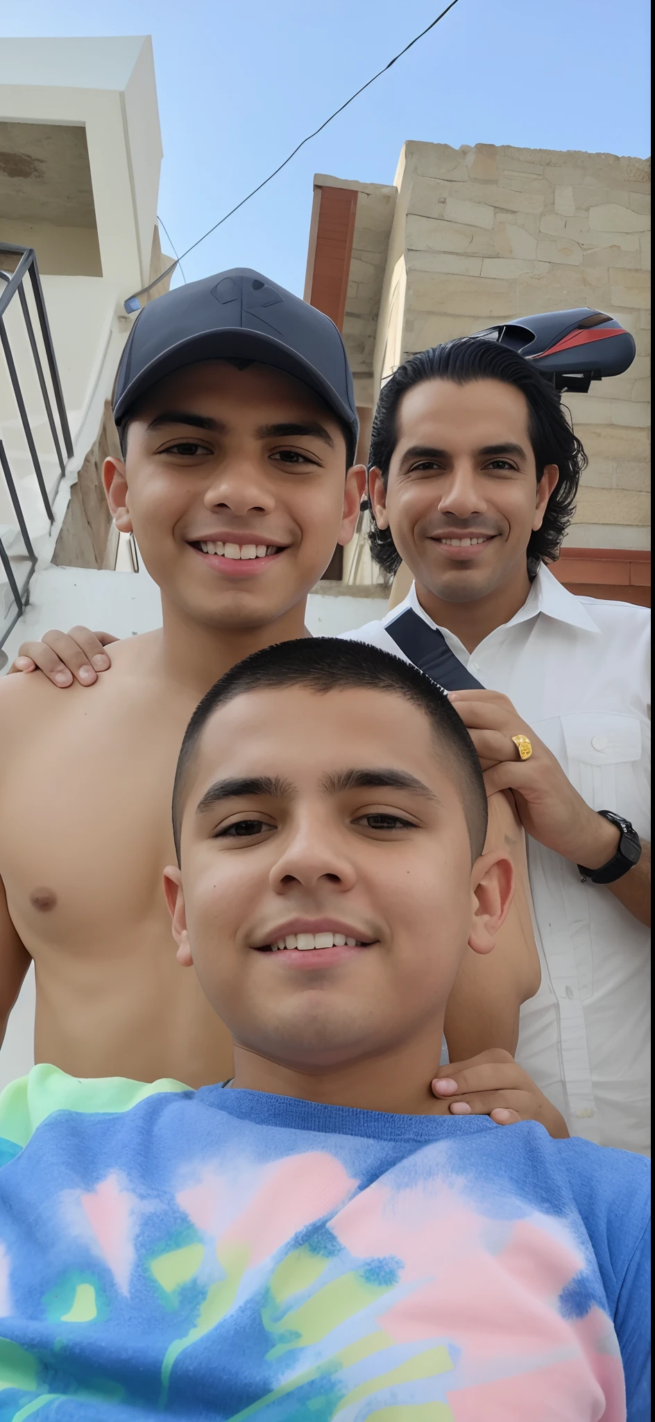 There are three men and a boy posing for a photo, paul pepera pablo roldan, taken in the early 2020s, rafael, Christian Orrillo, with a boy, jose miguel roman frances, Pedro, CR3, Primer plano en las caras, dad, slide show, alejandro, especial, david marquez, Brian Pulido, andres rios