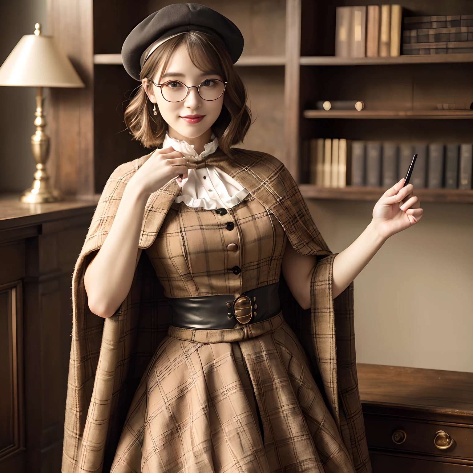 (((Best Quality, masutepiece, 超A high resolution、The most complex and detailed depictions)))、(1人の女性、Female Detective、Elegant round glasses、Pill glasses)、(((Plaid brown cape、Plaid brown beret、Brown Check Skirt、Short cape、The length of the cape is up to the waist、Outfit unified in brown and plaid、Wear the uniform、detective attire、Victorian costume)))、((retro vibes、Rooms at Medieval Europe、Huge bookshelf、Bookshelves on the wall、Stand in front of a bookshelf))、((Bright lighting in warm tones、perfect hand、A detailed face、hide one's hands))、Calm and elegant rooms、Perfect gas chamber、Perfect fingers、A slender、Emphasize body lines、Beautiful white teeth、Perfect shiny hair and skin、perfect anatomia、Smile、Smile at me、short-hair、straight haired