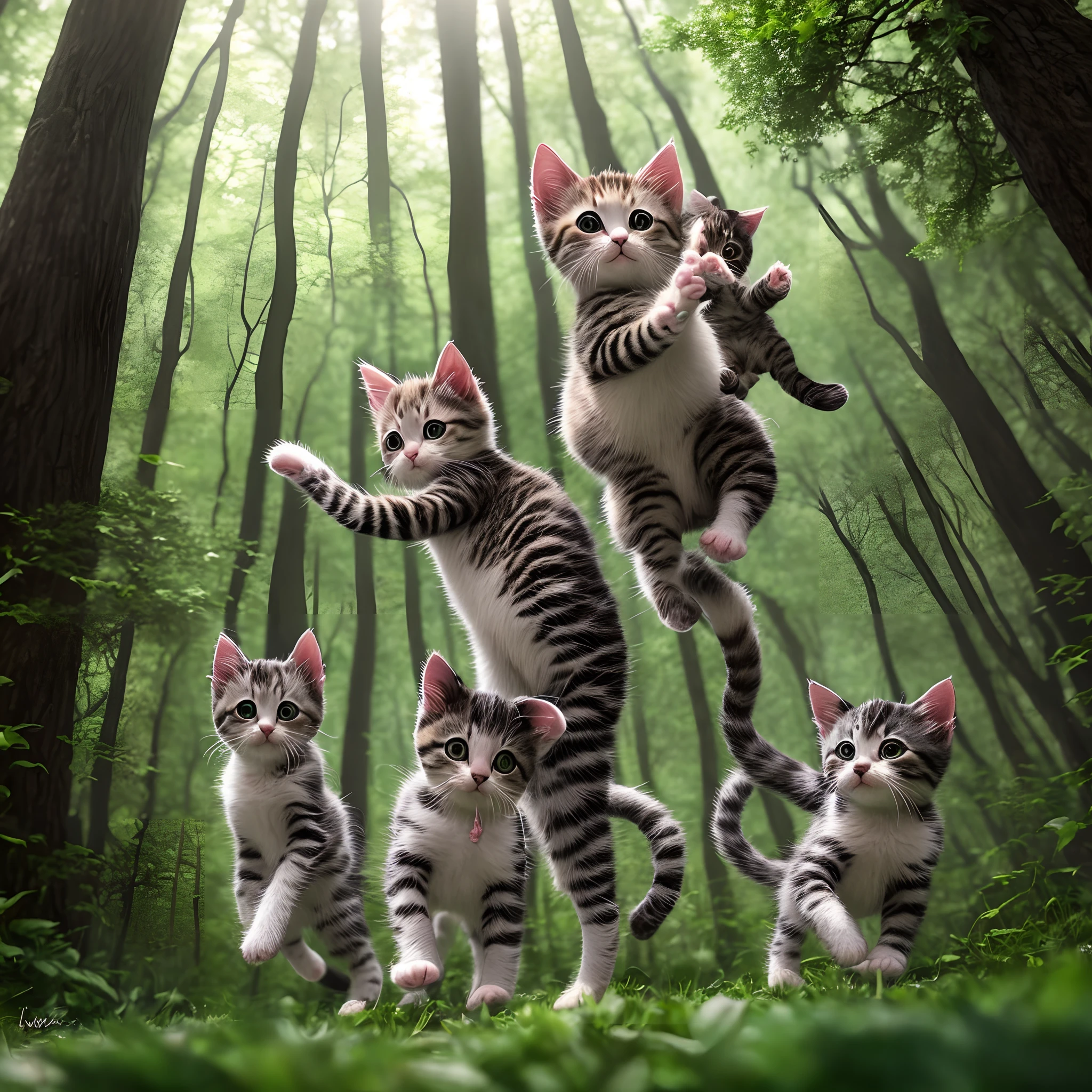 Make it Disney-style A kitten family playing in a dark forest