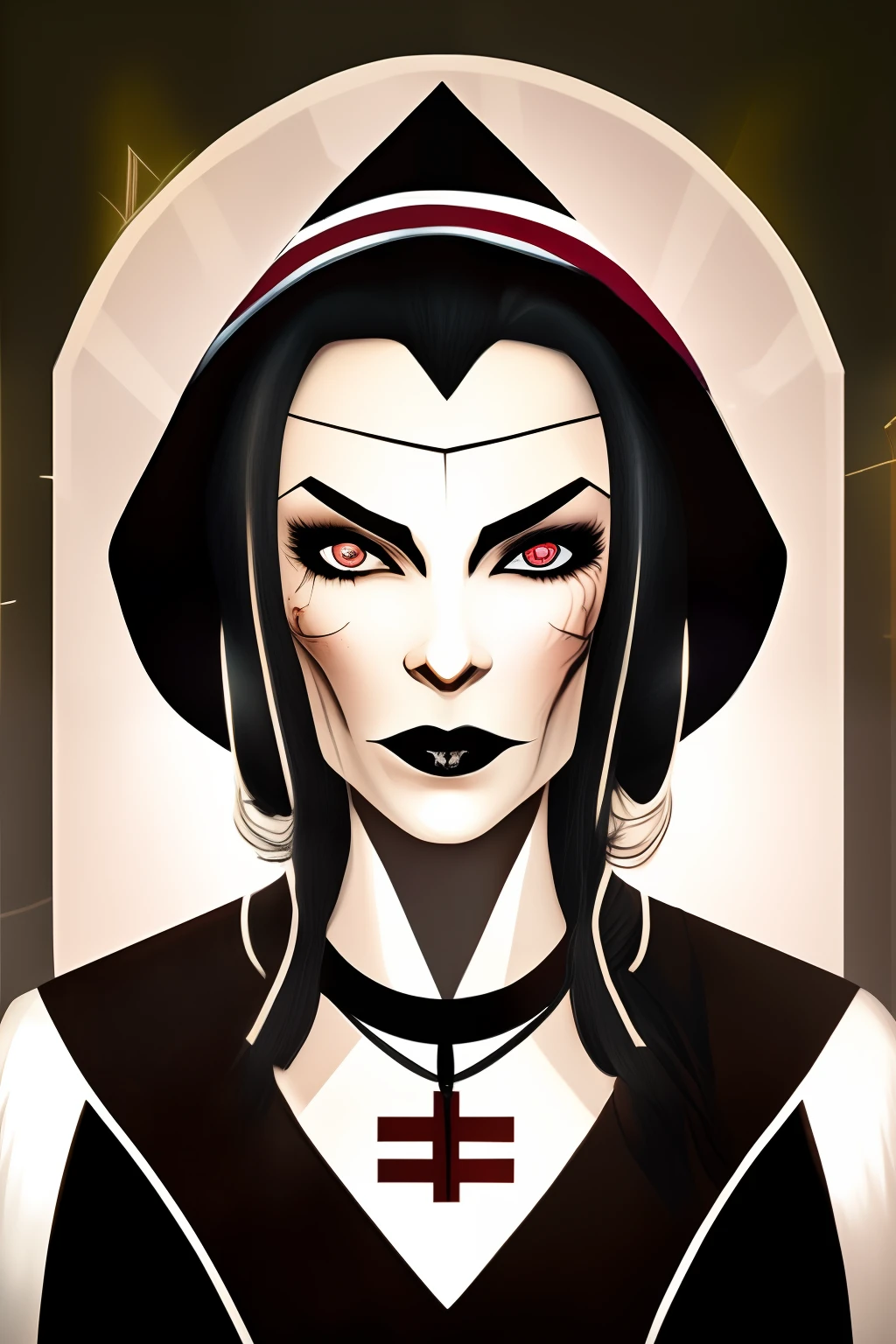 Vampira Lasombra do jogo RPH Vampiro A Mascara, She is a nun who appears to be 35 years old, rounder strokes, cabelo castanho, porem a roupa de freira impede de ver o cabelo, alta, estilo mais gotico, nacionalidade portuguesa, branca.