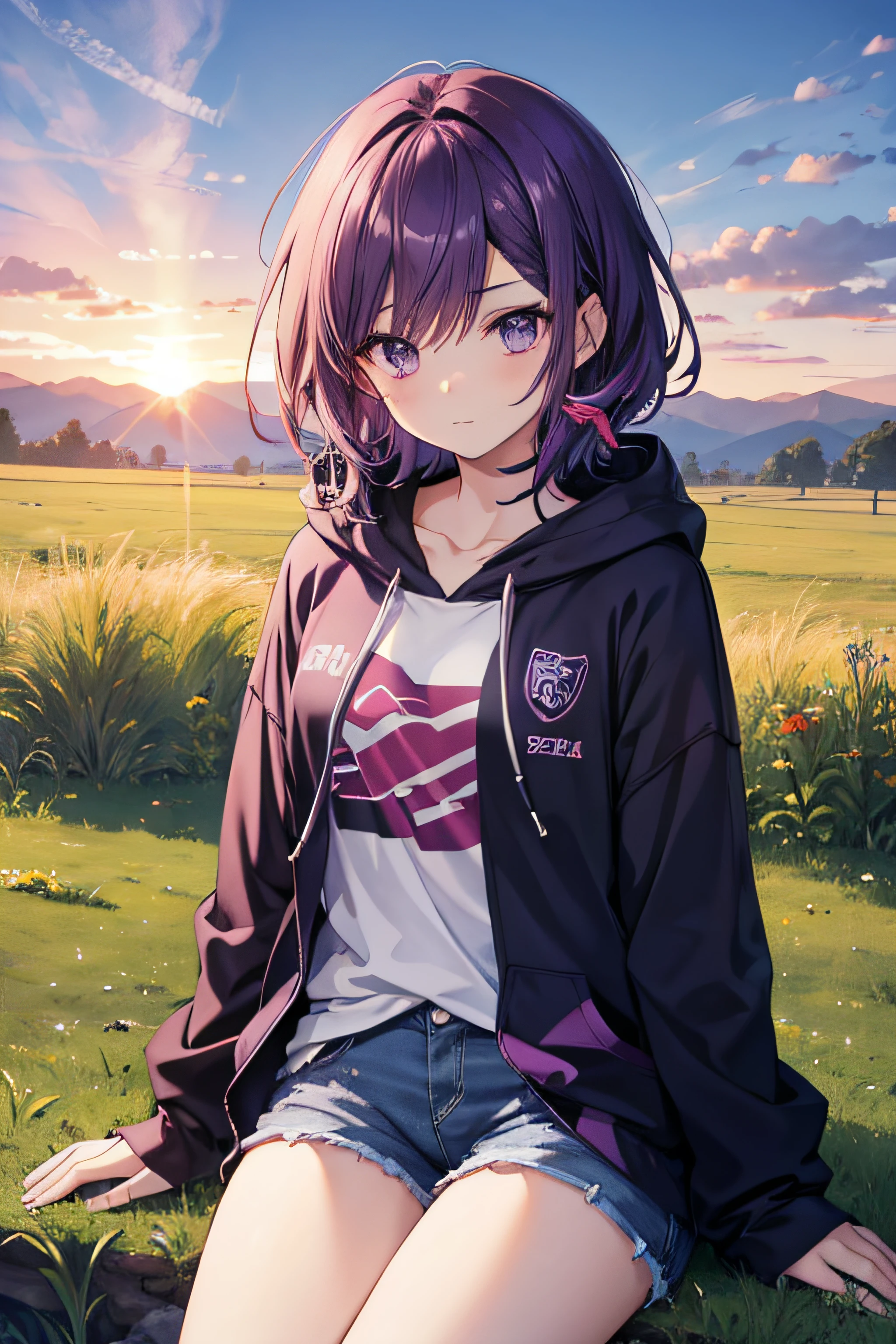 Draw a dark purple-haired anime boy with slightly feminine features while sitting in a field at sunset. Your outfit should be a dark-colored hoodie and you should wear dark-colored shorts as well, that will be at the height of the middle of your legs, haciendo que resalten, esto mientras que su cabello debe estar a la altura de su cuello