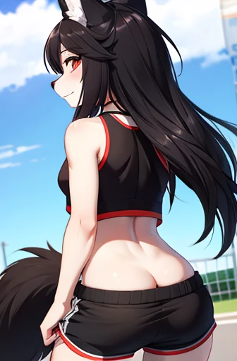 Wolf, all black fur, female, view from behind, sports wear, shorts, small chest