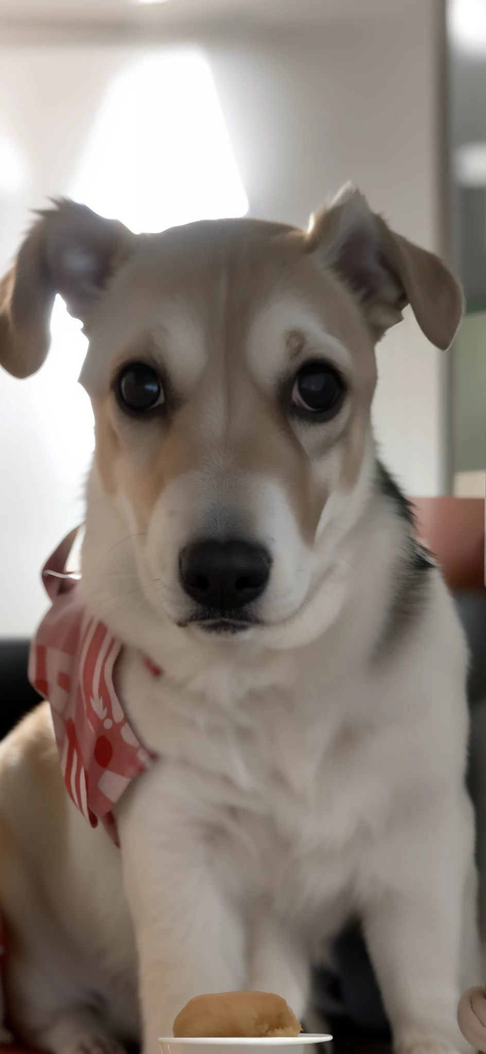 There's a dog that's sitting at a table with a person, orelhas cinzentas, ela tem os olhos cansados, muito realista, muito bobo olhando, com focinho branco, foto do perfil, reduzido, smiling at camera, muito muito realista, Foto reduzida, rosto muito detalhado, com nariz pequeno, ligeiramente sorridente