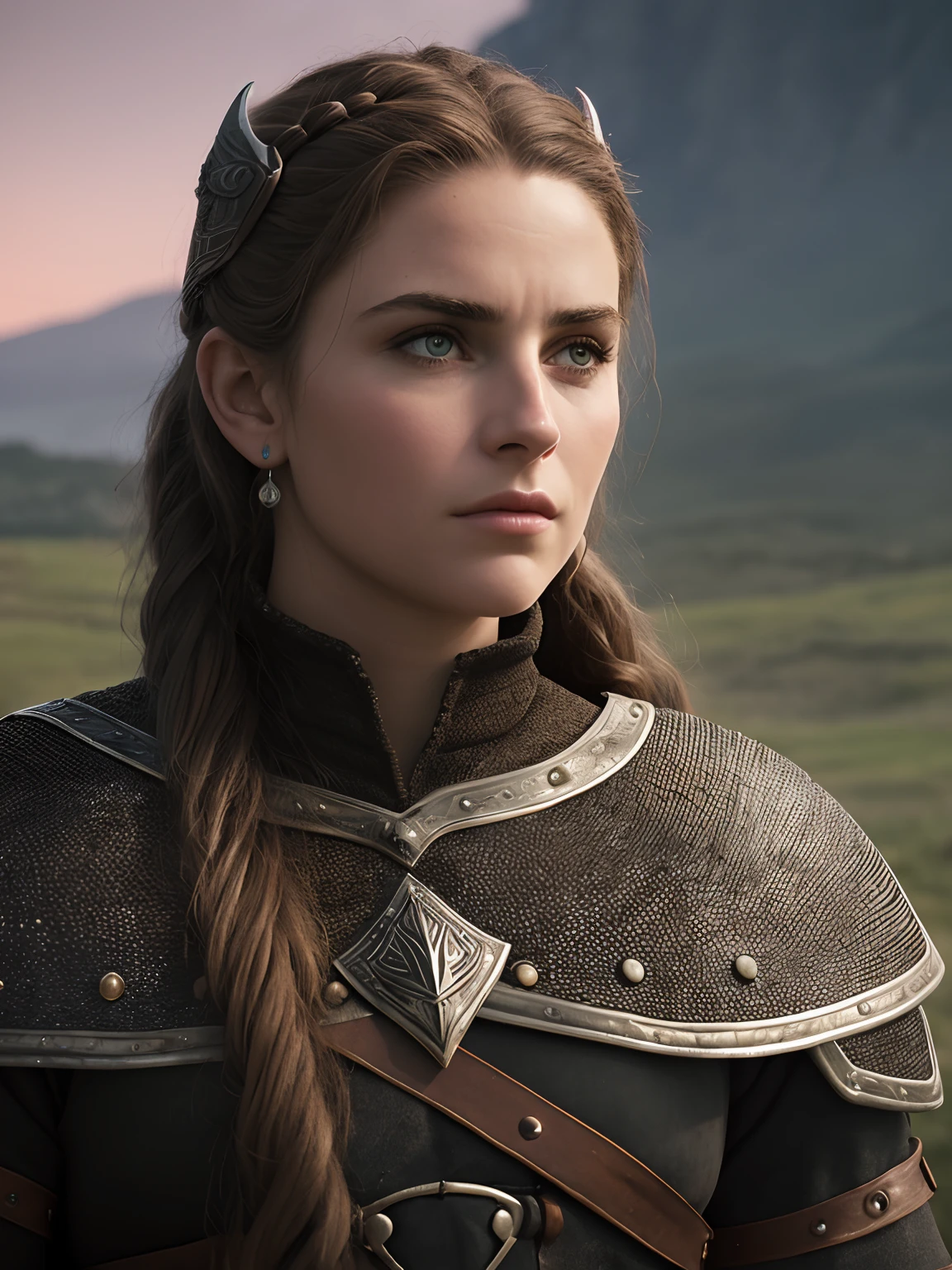 (Alta qualidade: 1.3), Cinematographic shot, obra-prima, (foco nítido: 1.5), (fotorrealista: 1.3), Medium portrait of (a tired-looking Viking warrior woman, mas ainda orgulhoso e feroz, now the leader of her village , vestido com cota de malha elaboradamente detalhada e armadura de couro, algumas tochas queimam nas paredes, giving the scene a somber atmosphere, but sculpting the shapes in crisp chiaroscuro), it is night time, (pele altamente detalhada), (rosto detalhado), fundo detalhado, dark ilumination, twilight lighting, volumeric lighting, detalhes complexos, UHD,