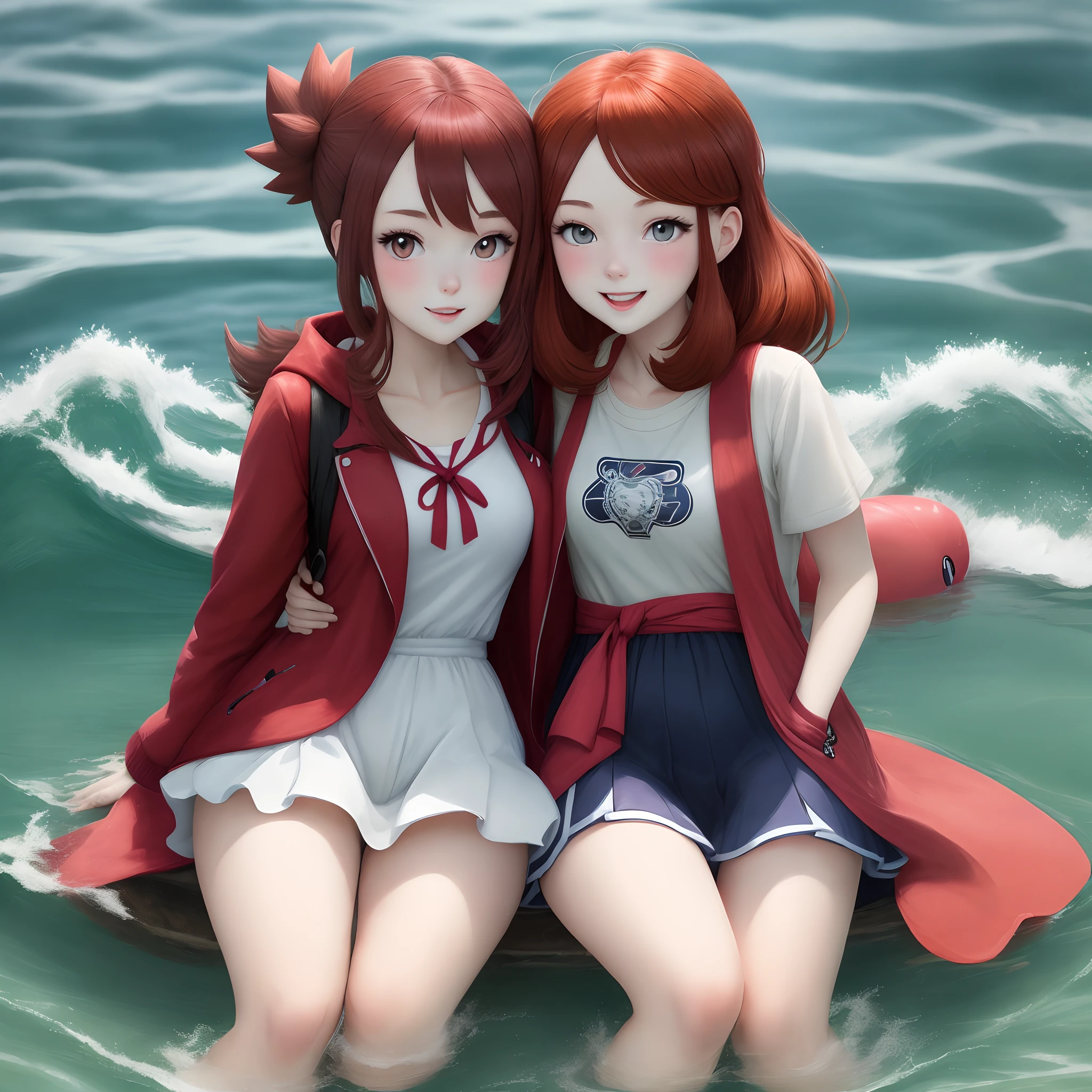 Pokemon, White redhead girl with a satrmie on a background that resembles water