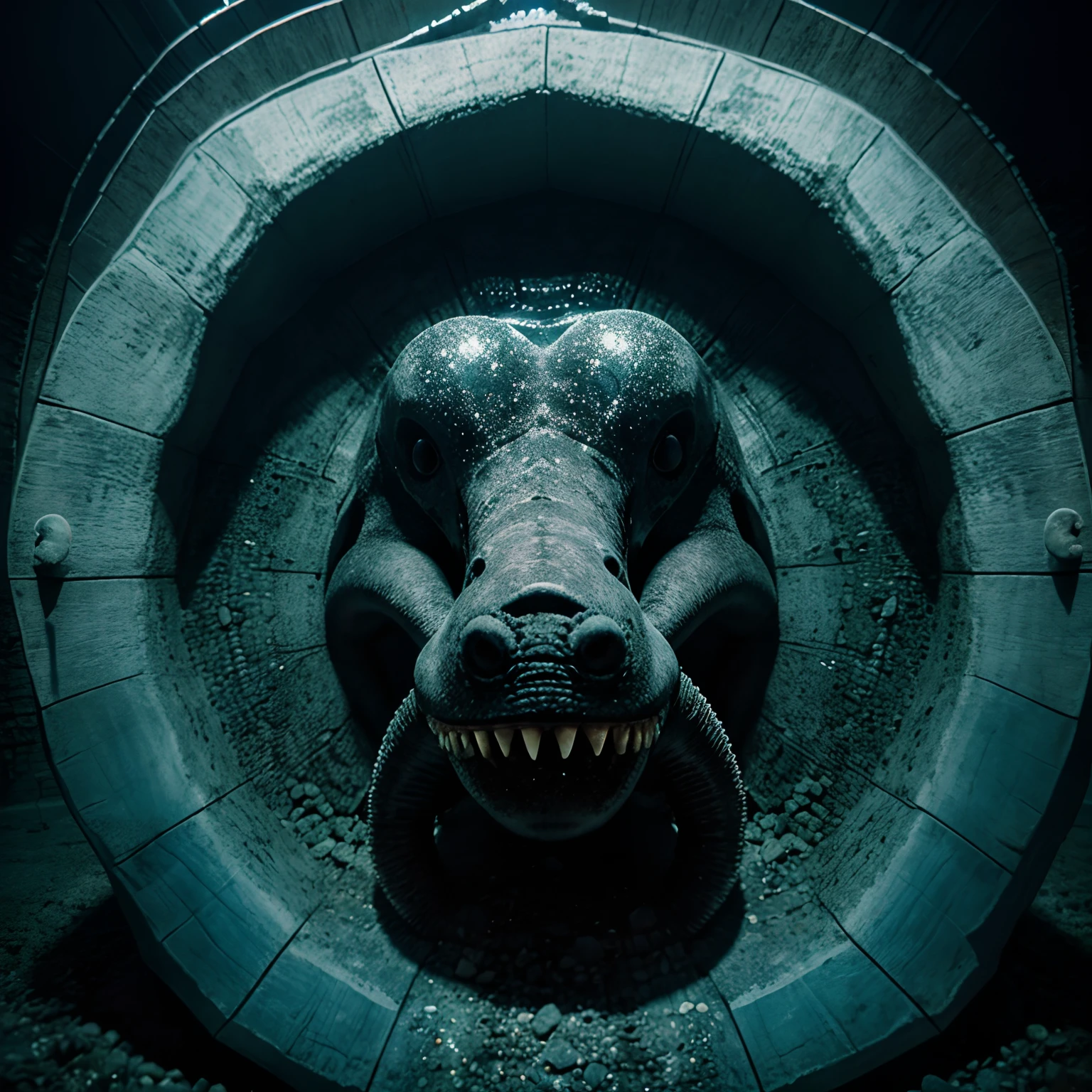 Erstelle ein Bild von einer realistischen Meerjungfrau unter Wasser mit einem Lovecraftian Horrorstil