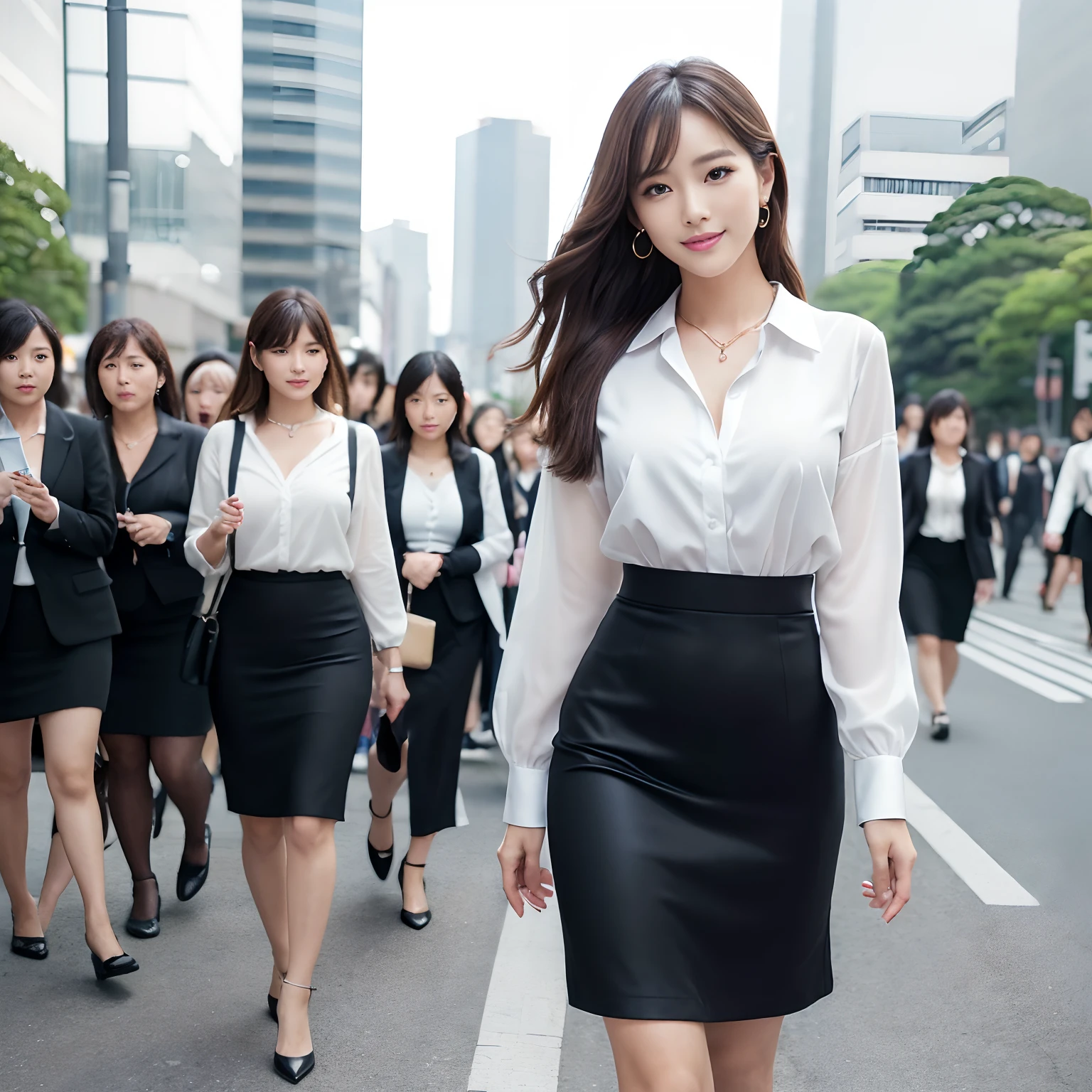 (((Best Quality, masutepiece, 超A high resolution、The most complex and detailed depictions)))、(1人の女性、Beauty Secretary、secretary's attire、Formal office style、White Formal Blouse、tight skirts、Skirt without folds、Perfect gas chamber、detailed beautiful faces)、((Walking in front of a station in Tokyo、Walk on the sidewalk in front of the station、Buildings of Tokyo in the background、Walking through a crowd of beautiful women、Crowd of beautiful women in the background、Tokyo cityscape in the background、Have an office bag、Lots of buildings in the background、morning、Morning commute to work、Shot from the waist up))、Emphasize body lines、Morning lighting sad smile、Ephemeral smile、Perfect makeup、long、straight haired、a necklace