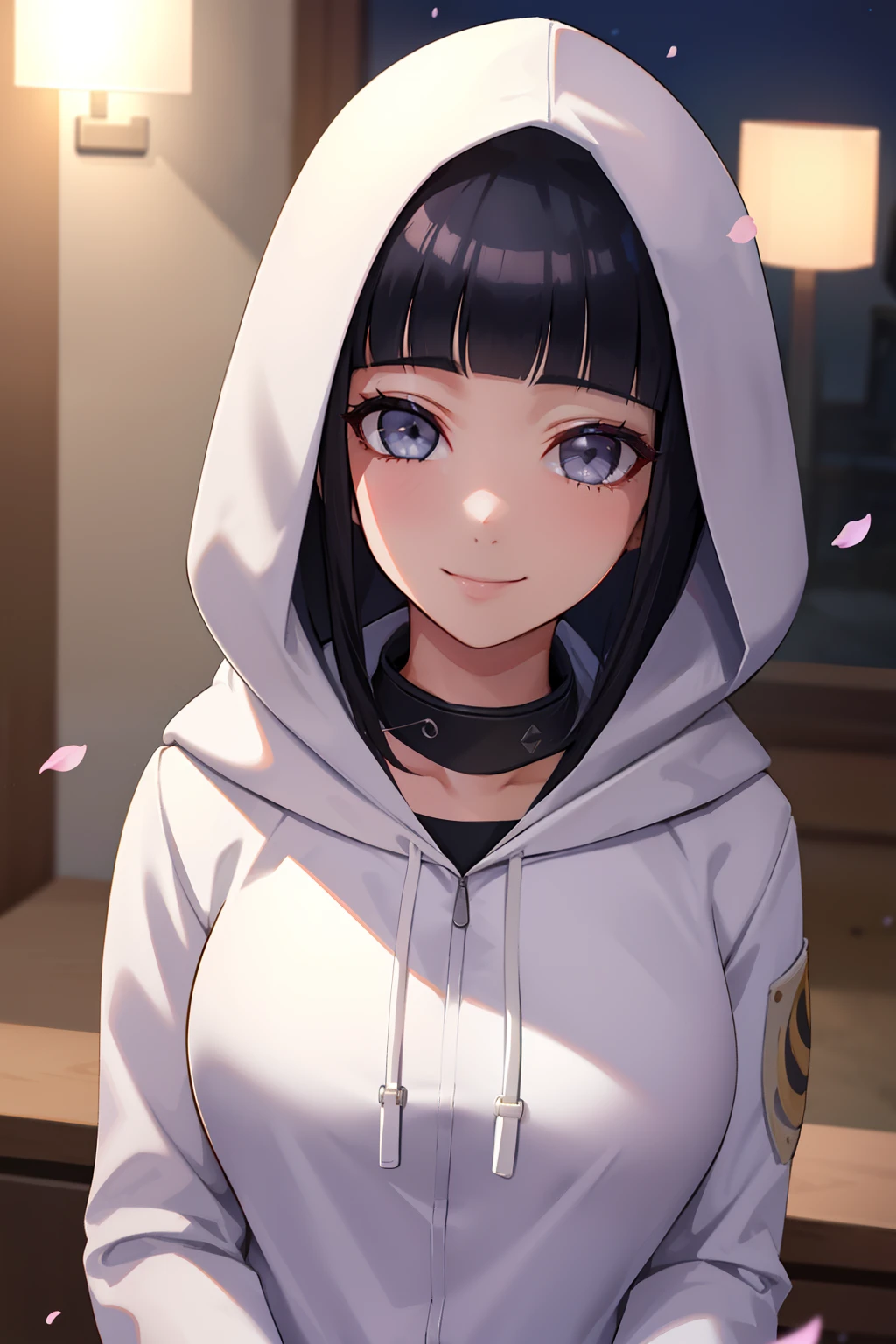 beautiful, masterpiece, best quality, extremely detailed face, perfect lighting, 1girl, hinata, hyuuga hinata, bangs, empty_eyes, black_hair, blunt_bangs, grey eyes, grey sleeves, headband_around_neck, highres, hime cut, hooded_cardigan, long sleeves, looking_at_viewer, petals, smile, solo, straight hair, upper body, hooded jacket, perfect body