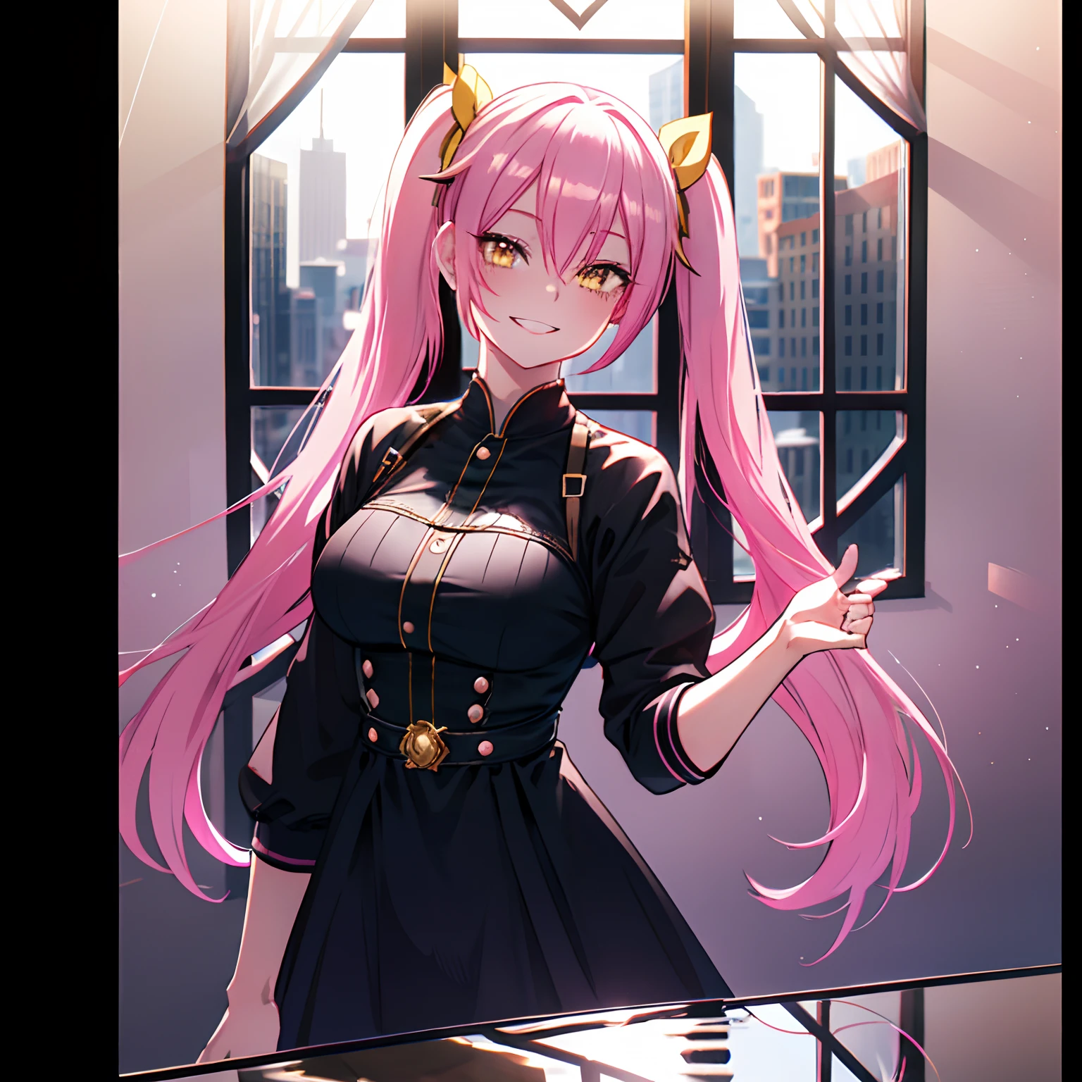 1girl, pink hair, twintails, long hair, medium breasts, yellow eyes, ultra detailed eyes, smile, big smile with teeth, happy expression, Black dress, focus on face, room, window, ultra detailed, 8K wallpaper, reflection light, ray tracing, realistic