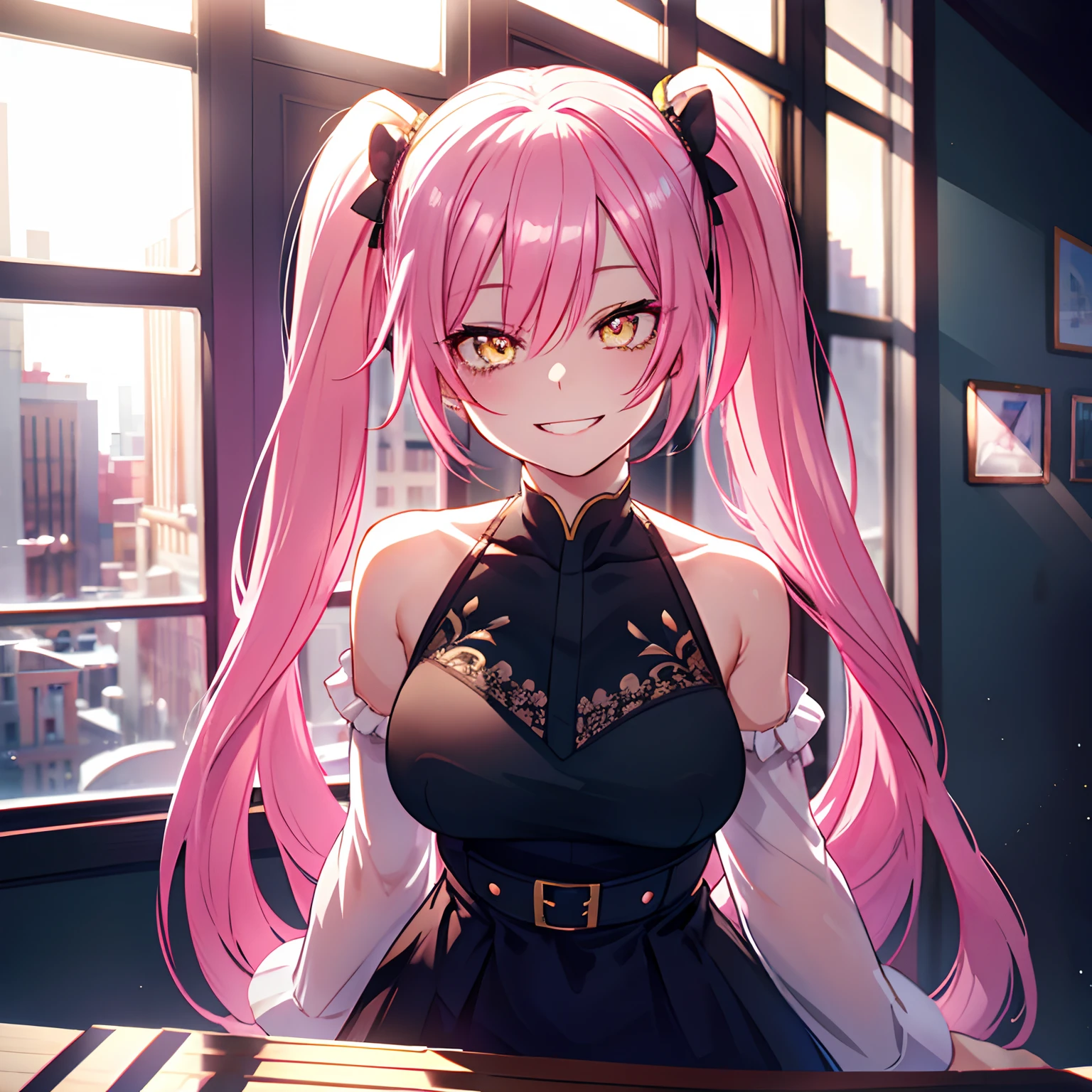 1girl, pink hair, twintails, long hair, medium breasts, yellow eyes, ultra detailed eyes, smile, big smile with teeth, happy expression, Black dress, focus on face, room, window, ultra detailed, 8K wallpaper, reflection light, ray tracing, realistic