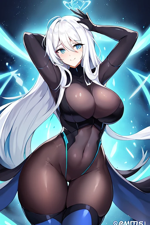 1girl, white hair, large breasts, breasts, thick thighs, wide hips, blue eyes, bodysuit, black bodysuit, pantyhose, long hair, light smile, happy, science-fiction, tech, futuristic, black pantyhose, thighhighs, neon trim, blue neon trim, anime style, 2d, anime screencap, hip sway, swaying hips, sway, 2 phut hon, phut hon, hands behind head, arms behind back, bouncing breasts
