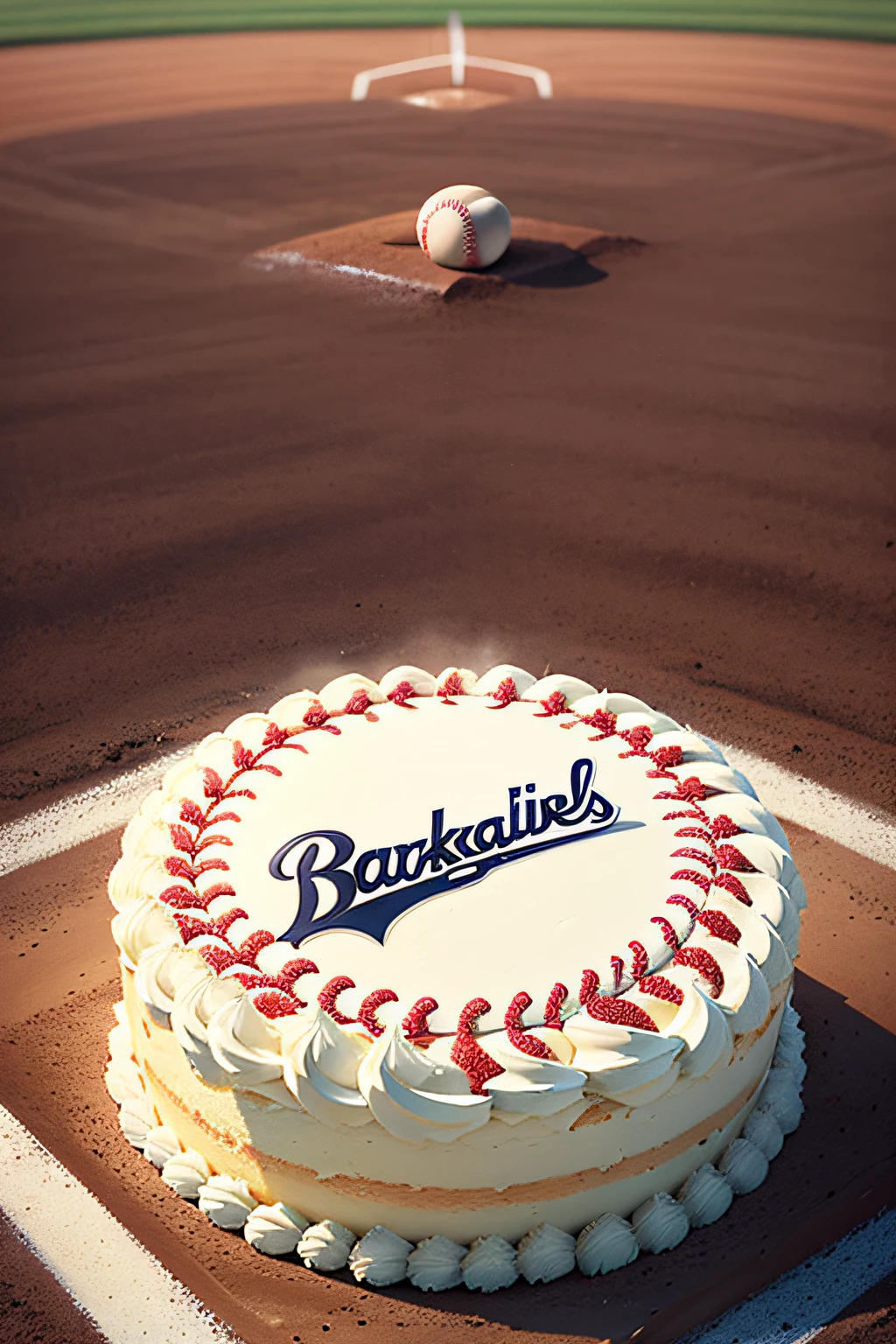 A cake is placed between second and third base at a baseball field.