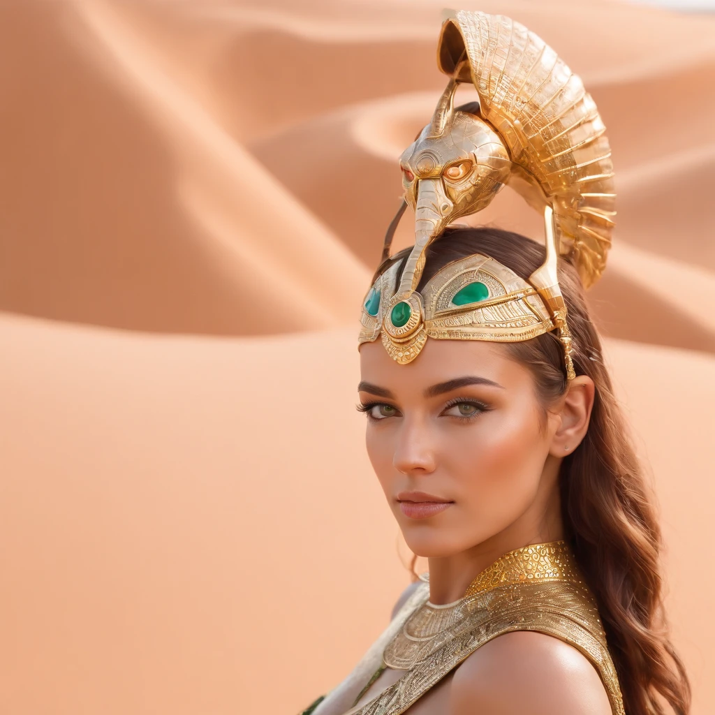 best quality, portrait of a beautiful, curvy woman with green eyes, in futuristic headdress inspired by an ancient egypt king and Cleopatra, Tutankhamun, snake, gold, silver, stones, scarab beetle, eyes protected by a transparent visor, transparent limestone, microchips, Integrated Circuit, cabels, electric glow, retro futurism, behind the woman there is sand dunes, mecha-girl, human machine integration, short skirt in gold, in her hand she is holding a glowing spire