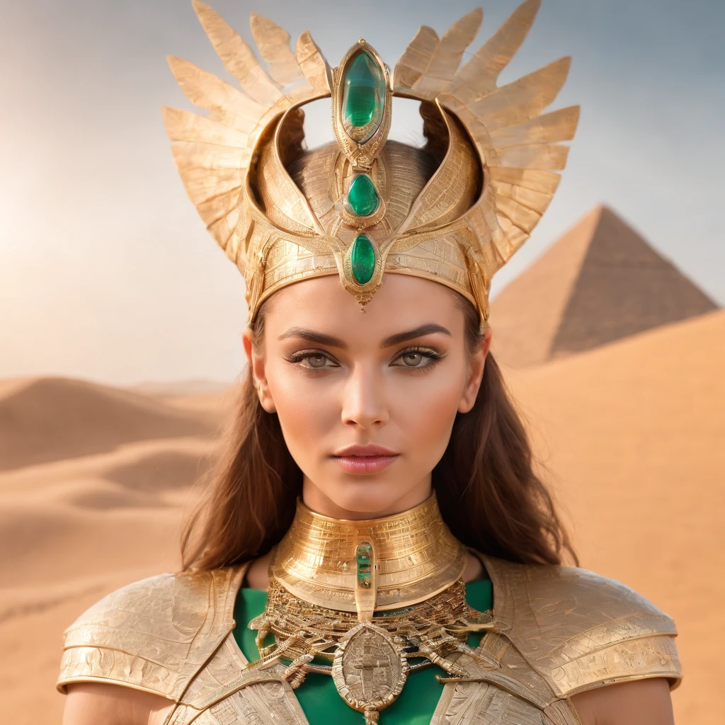 best quality, portrait of a beautiful, curvy woman with green eyes, in futuristic headdress inspired by an ancient egypt king and Cleopatra, Tutankhamun, snake, gold, silver, stones, scarab beetle, eyes protected by a transparent visor, transparent limestone, microchips, Integrated Circuit, cabels, electric glow, retro futurism, behind the woman there is sand dunes, mecha-girl, human machine integration, short skirt in gold, in her hand she is holding a glowing spire