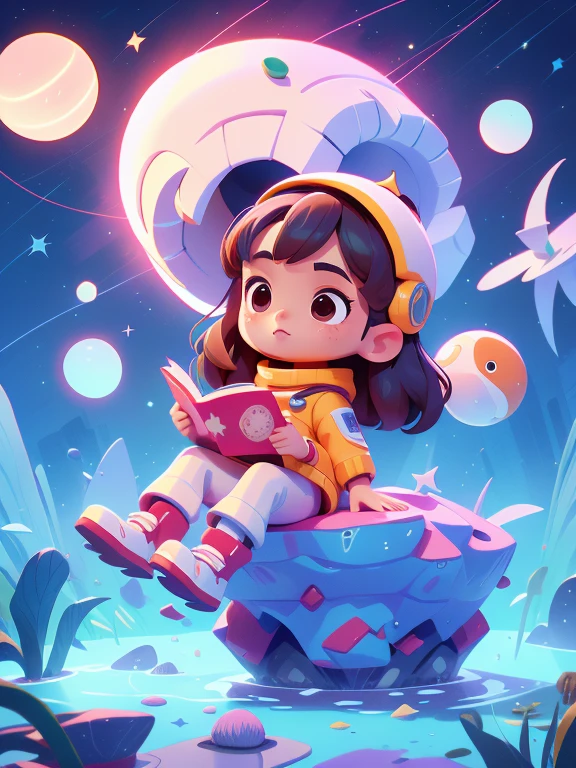 3DCHARACTER, garments, (corpo inteiroesbian: 1.2), Backgound simples, tmasterpiece, melhor qualidade, (planos de fundo gradiente: 1.1), 1 pessoas, Desenhe um jovem astronauta, Capacete espacial branco com viseira, Sit on a research platform floating in the middle of asteroids and star belts