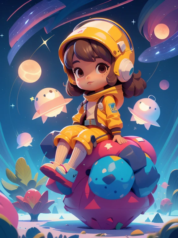 3DCHARACTER, garments, (corpo inteiroesbian: 1.2), Backgound simples, tmasterpiece, melhor qualidade, (planos de fundo gradiente: 1.1), 1 pessoas, Desenhe um jovem astronauta, Capacete espacial branco com viseira, Sit on a research platform floating in the middle of asteroids and star belts