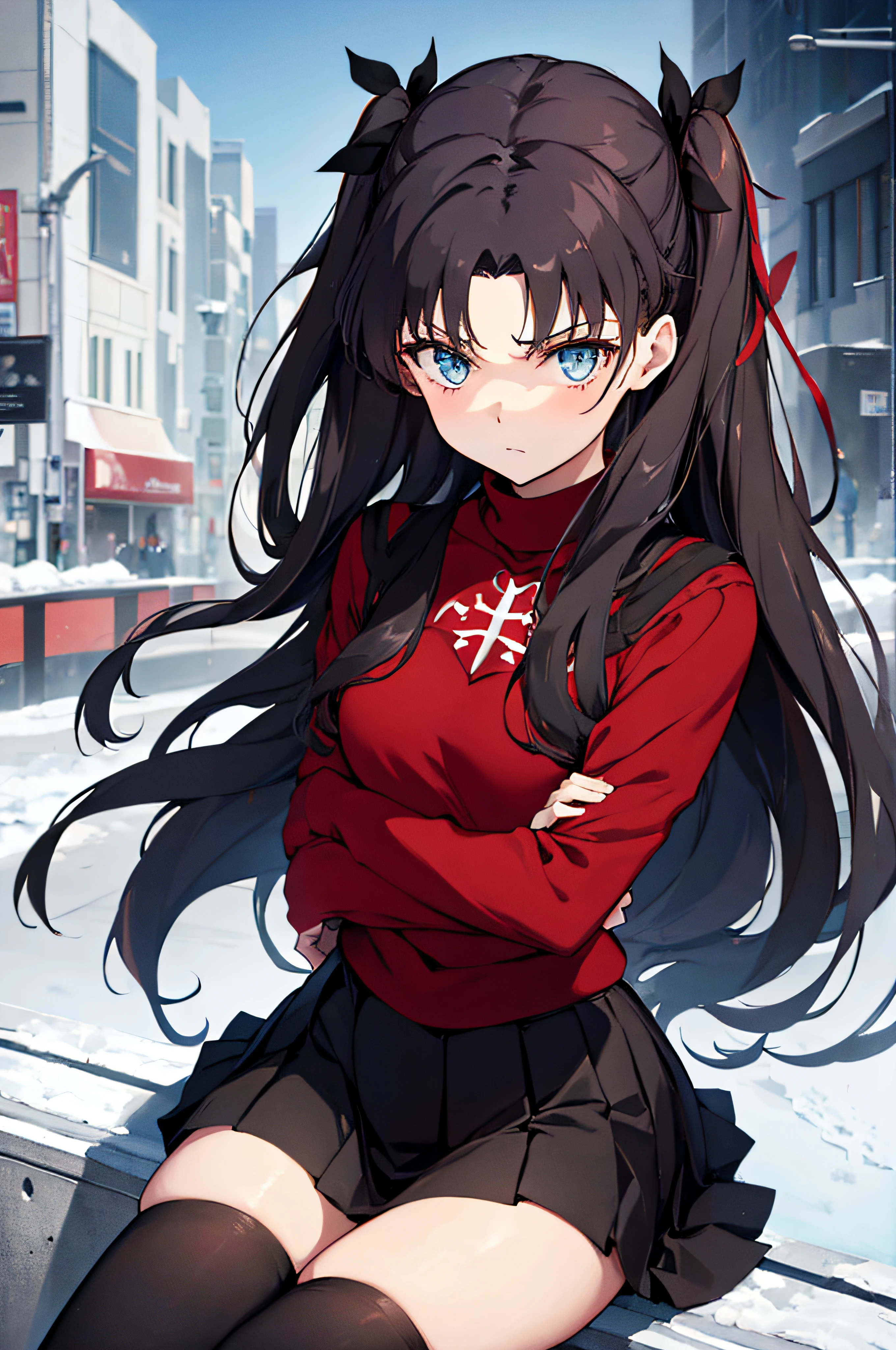 (masterpiece), best quality, expressive eyes, perfect face, 1girl, solo, rintohsaka, rin tohsaka, aqua eyes, black hair, hair ribbon, long hair, ribbon, sidelocks, two side up, black skirt, black thighhighs, long sleeves, miniskirt, pleated skirt, ((red sweater)), skirt, sweater, thighhighs, turtleneck, city background, sitting, character sheet, upper body, portrait, looking at viewer