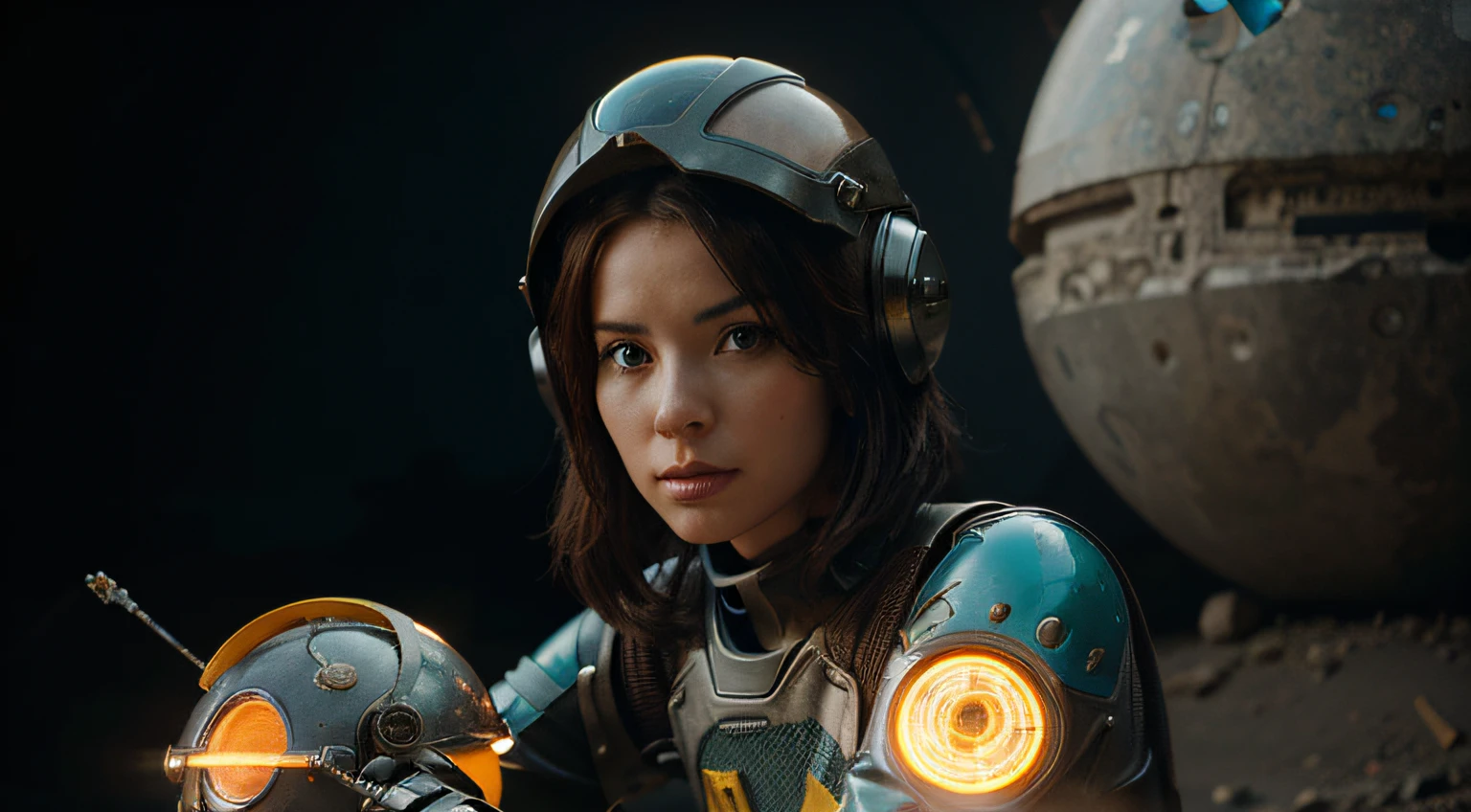 A Modern flat toon Crazy whit a Big ONE a Only Eye Robot and helmet Style with super space big bikei, like Sophia Loren and Christina Ricci nude in Cyan hair, pinhead, camouflage Black Yellow Rusty, Ambient in a meteorite crater super detailed, center, beautiful, soft lighting, focused on the character, 4K resolution, photorealistic rendering,