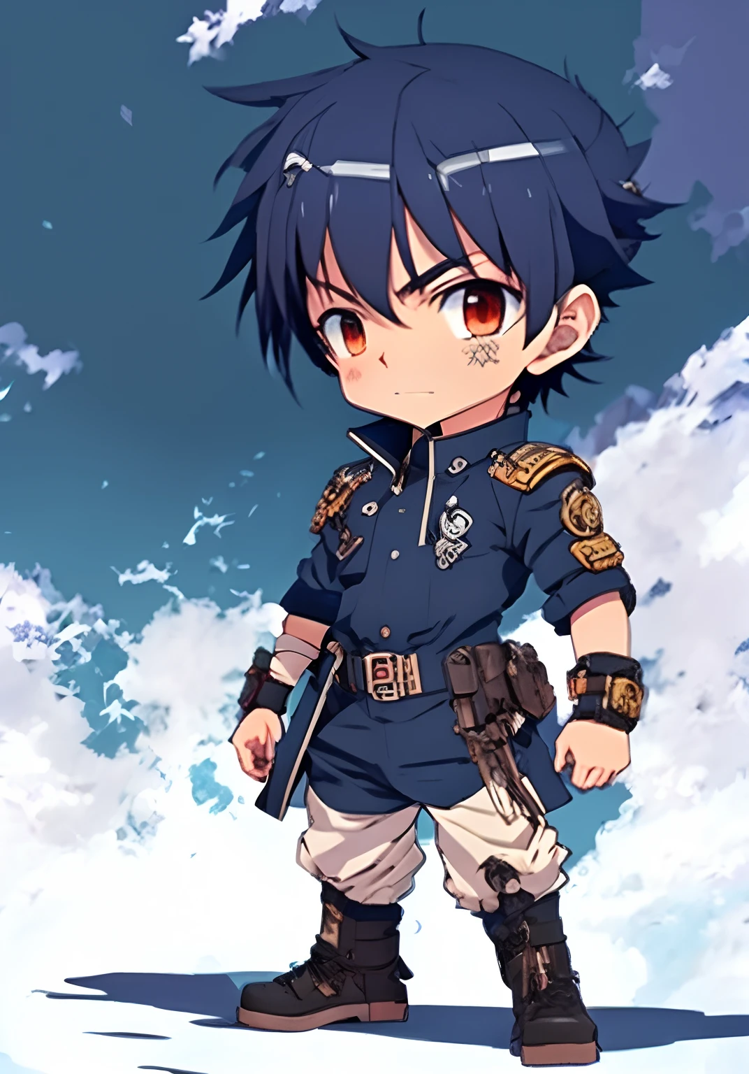 chico de anime con un uniforme azul y cabello negro, cuerpo completo, Trigger anime artstyle, Personaje de estilo anime, Estilo anime 2D, Anime estilizado, Estilo de Arte Kentaro Miura, high quality anime artstyle, Arte Oficial, epic anime style, Arte Chibi Digital Avanzado, en un estilo anime, estilo anime"