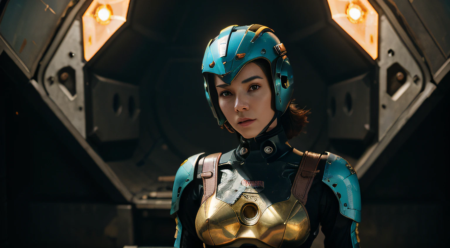 A Robot sexy Girl with helmet and the Rocketeer style, tongs in hands, Tv head, pinhead, Black and Yellow Pink Cyan Rusty, Ambient in a meteorite crater super detailed, center, beautiful, soft lighting, focused on the character, 4K resolution, photorealistic rendering.