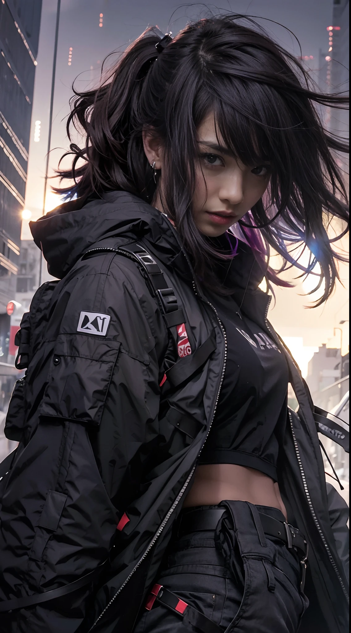 (Character: one Indian woman, brown skin, big eyes, black short hair)
(Clothing: black workout clothes, green khimar)
(green color scheme, close-up, portrait)
(Background: dark alley at night:1.3, intense urban lights in background, dark, ominous)
(Style: ((masterpiece:1.5)), (face detailed), photo-realistic:1.3, hyperrealistic, , high contrast, shiny skin, soft lighting, backlighting, bloom, light sparkles, chromatic aberration,)