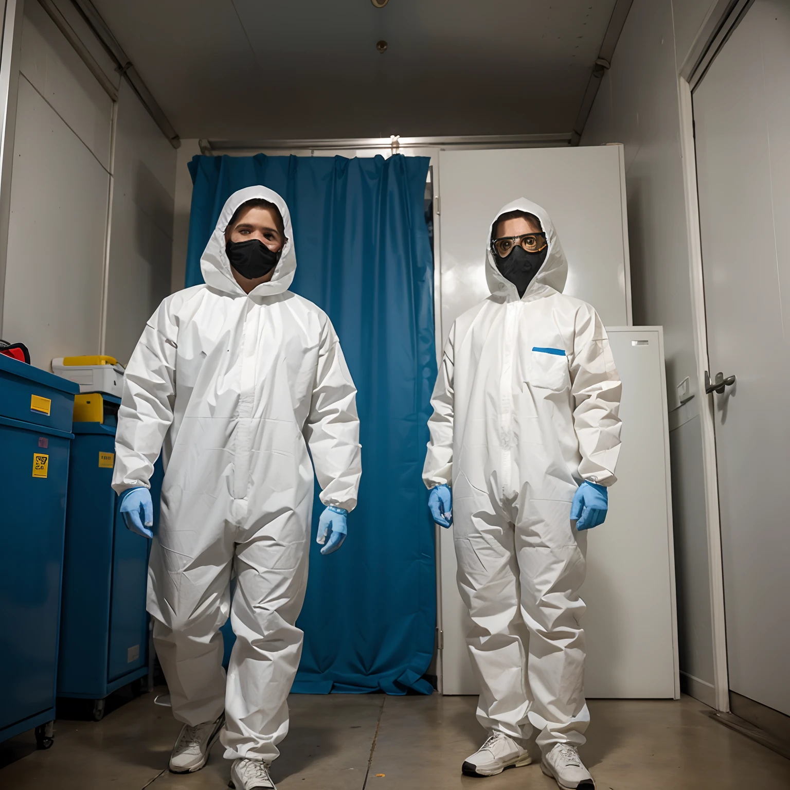 Two guys dressed in hazmat suits chilling in the backrooms