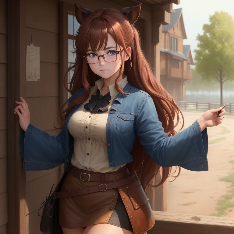 8K, Masterpiece, Best Quality, Realistic, higly detailed, Cowboy shot, 1girl, 独奏, A girl of serious appearance, mid length hair, Expressive Ahoge, reddish-brown hair, a pair of star-shaped hairpins near both eyes, dark blue eyes, Average height, Well-endowed figure, eyeglasses, Cute, Vandal