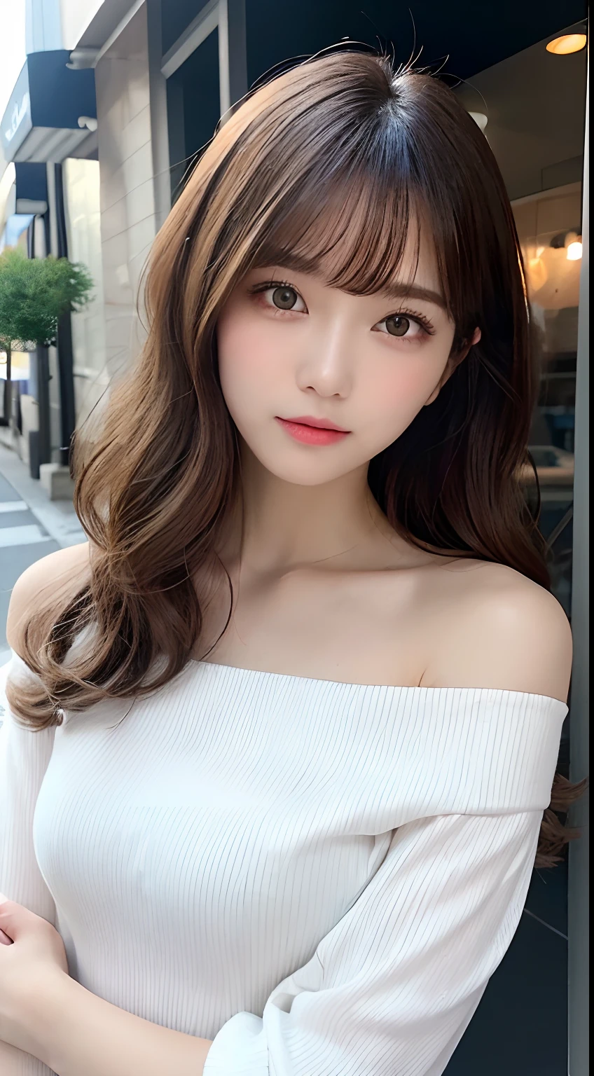 masutepiece, Best Quality, Illustration, Ultra-detailed, finely detail, hight resolution, 8K Wallpaper, Perfect dynamic composition, Beautiful detailed eyes, Tight Dress, Medium Hair,Brown hair color ,Small breasts, Natural Color Lip, Random and sexy poses,Random situations,Slender body,Slender face,Face that feels ecstasy,Have a feminine face,A face that trembles with sex in earnest,Sexy face, (masutepiece:1.3), High resolution, ultra-detailliert, the Extremely Detailed CG Unity 8K Wallpapers, Realistic, Photorealsitic, Raw photo, beautifull detailed face, pale skin, realistic glistening skin, Detailed Cloth Texture, detailed hair texture, Perfect body, Beautiful face, acurate, Anatomically correct, Highly detailed face and skin texture, Natural neck length, (Beautiful hands), (Fair skin:1.2), thin legs, Thin feet,
BREAK,
Detailed eyes, symmetrical eye, Light brown eyes, Double eyelids, Thin eyebrows, (Glossy lips:1.4), ((Waiting for a kiss:1.2)), (blush:1.1),
BREAK,
(Classy and cute girl:1.3), (Wearing a classy off-shoulder white blouse), (Orange flared skirt:1.2),
medium breasts, (Slender figure:1.1), Firm abs, Beautiful collarbone,
(Dark blonde hair, Wavy Hair, Long hair:1.3), ((asymmetrical bangs:1.2)), (upperbody shot:1.2), Looking at Viewer, (From above:0.65),
BREAK,
((Stand close to me、Reach out to the front:1.3)), (She said I would wait in front of the station at 10 o'clock),
(in a cafe), ((In a stylish store on Aoyama Street)),KPOP Idol Face,Cute