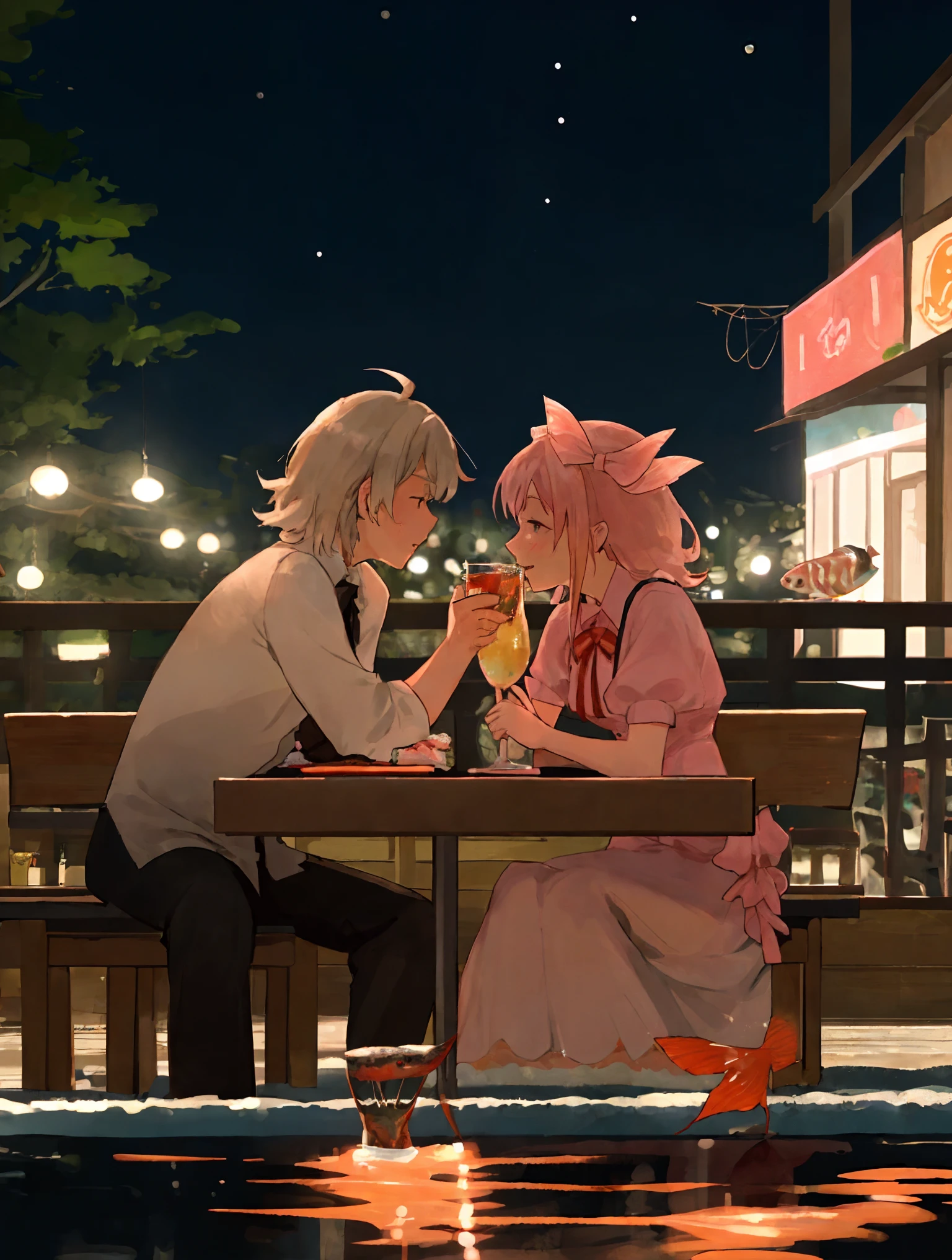 they are sitting at a table with sushi and a drink, they are in love, by Alexis Grimou, vacation photo, by Emma Andijewska, 🤬 🤮 💕 🎀, by Nándor Katona, very very low quality picture, by Niko Henrichon, happy couple, profile image, night photo, lovely couple, fish in the background