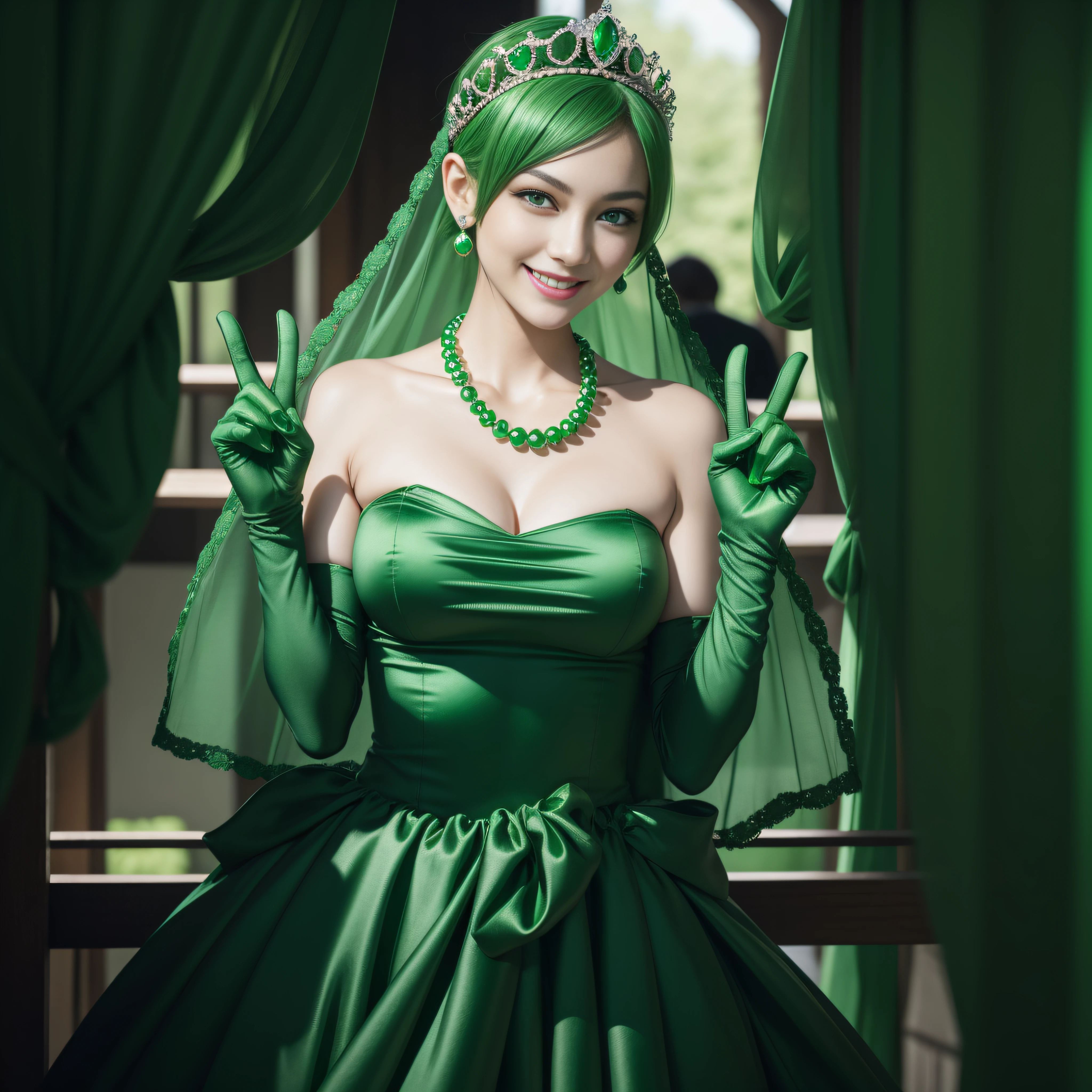 emerald tiara, Green Pearl Necklace, Boyish very short green hair, lipsticks, Japan woman smiling, very short short hair, big breasts beautiful, Green eyes, Long green gloves made of satin material, Green eyes,v sign, Emerald Earrings