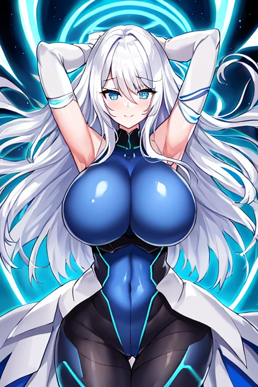 1girl, white hair, large breasts, breasts, thick thighs, wide hips, blue eyes, bodysuit, black bodysuit, pantyhose, long hair, light smile, happy, science-fiction, tech, futuristic, thigh strap, neon trim, blue neon trim, anime style, 2d, anime screencap, machinery, hip sway, swaying hips, sway, 2 phut hon, phut hon, hands behind head, arms behind back, bouncing breasts