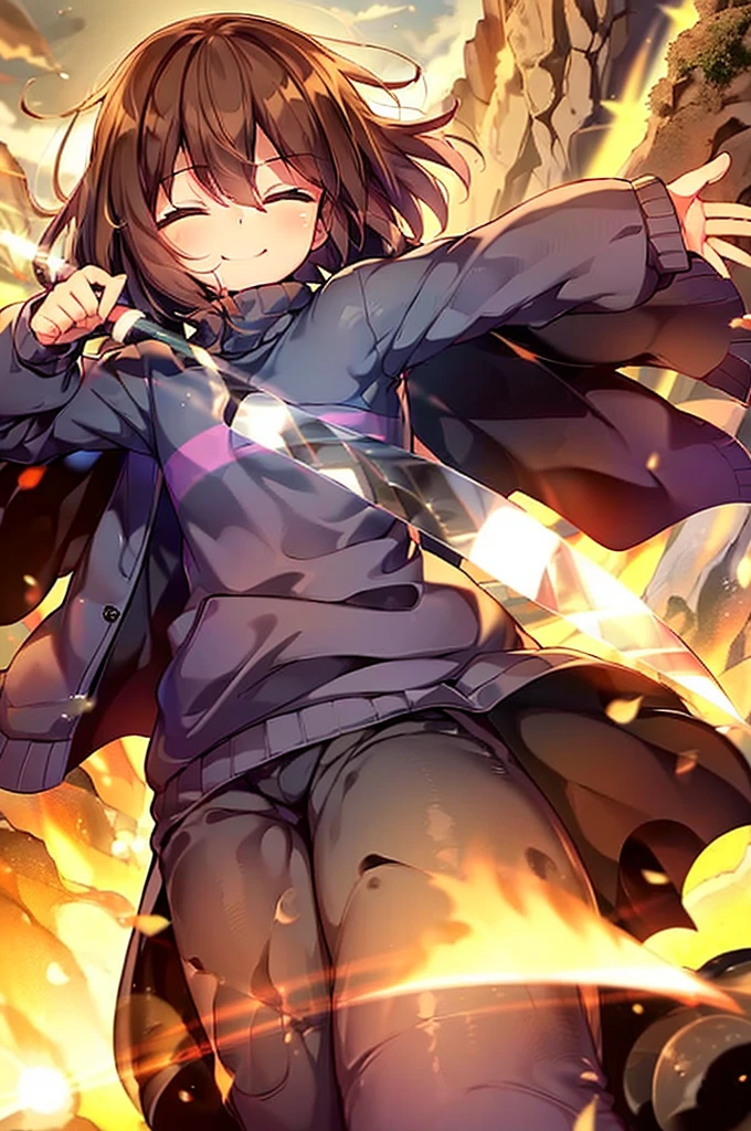 side angle, Frisk from Undertale, closed eyes, grown up, long brown hair, handsome, smiling softly, holding a sword, at a lava river inside a cave, big castle on the background, dark skies scene, shadows, shade, masterpiece, best quality, ultra detailed everything, trending on pinterest, ultra hd, sharp focus, digital art