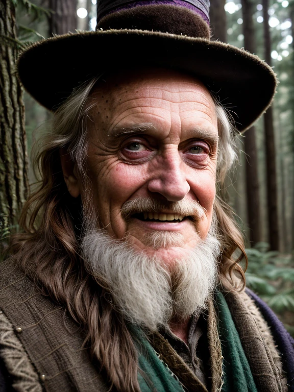 A (portrait photography: 1.2) photo of a mix between Marty Feldman and Dennis Hopper as a medieval fantasy 50 year-old male magical wizard, adult, short beard, smiling expression, medieval fantasy travelling wizard clothes, in a fantasy forest, cinematic lighting, Canon EOS 5D Mark IV