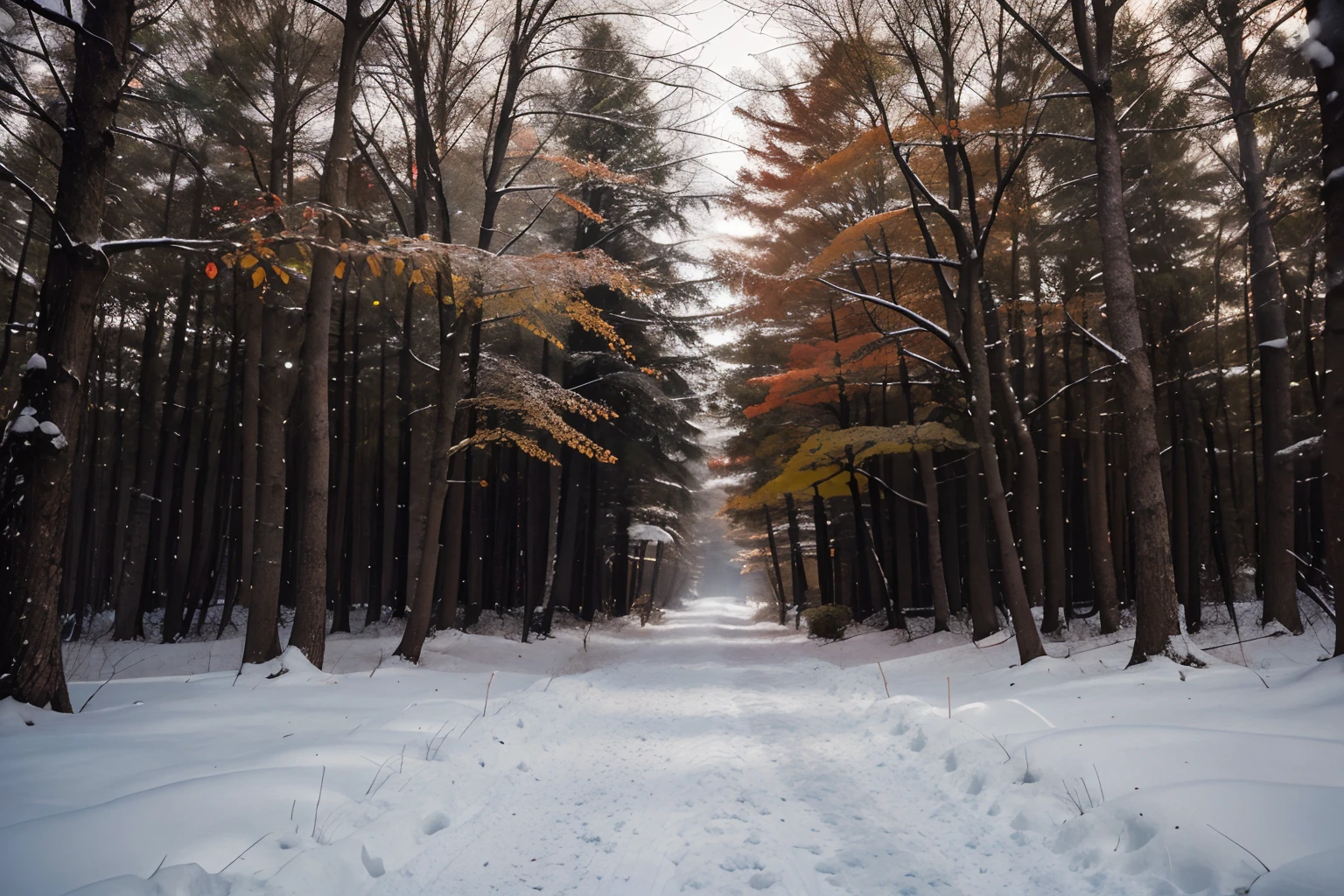 A calm and quiet path through the forest, a thick foggy, hundreds of snow-covered red maple trees, cinematic, vibrant colors. at nightfall, hyperdetailed and photorealism image, conceptual art, wildlife photography, vibrant, cinematic, photo