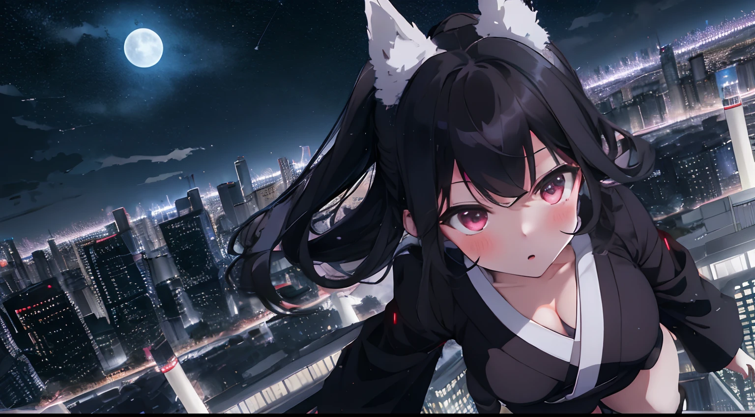 On the roof of a high-rise building,A night city with skyscrapers in the distance,Night view in the background,Sky with moon and stars,fluffy hair,stealth,Kunoichi,Japanese dress,Wearing a mask,Jumping off your back towards the night view,Jump into the air,Fly through the night sky with open arms,