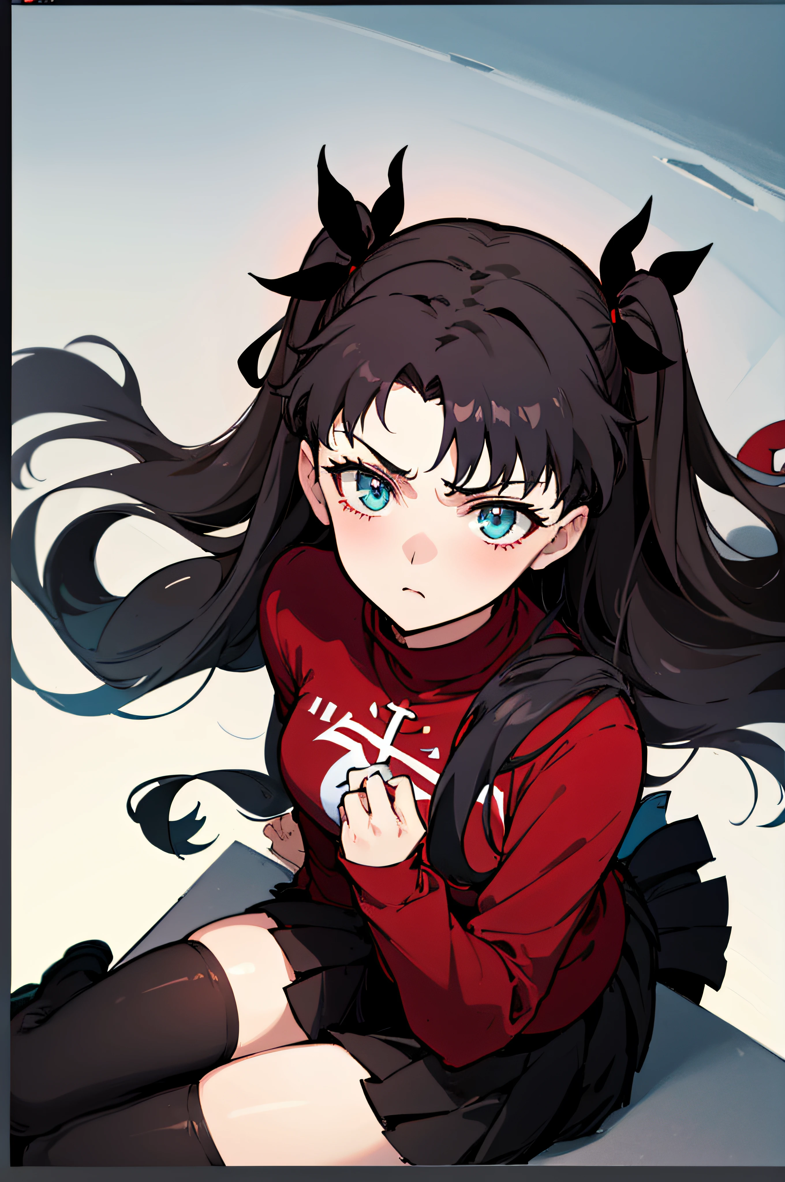(masterpiece), best quality, expressive eyes, perfect face, 1girl, solo, rintohsaka, rin tohsaka, aqua eyes, black hair, hair ribbon, long hair, ribbon, sidelocks, two side up, black skirt, black thighhighs, long sleeves, miniskirt, pleated skirt, ((red sweater)), skirt, sweater, thighhighs, turtleneck, city background, sitting, character sheet, upper body, portrait, looking at viewer