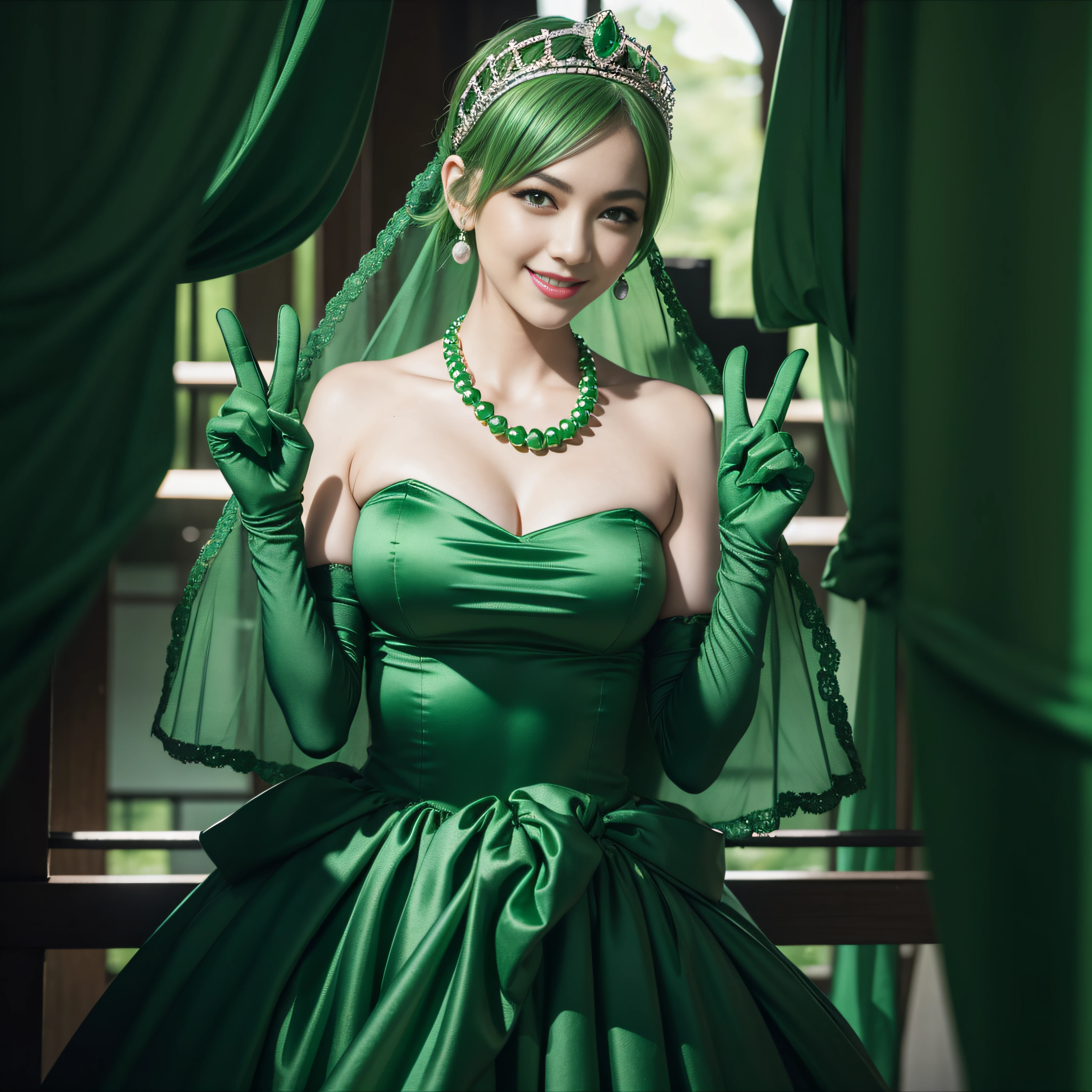 emerald tiara, Green Pearl Necklace, Boyish very short green hair, lipsticks, Japan woman smiling, very short short hair, big breasts beautiful, Green eyes, Long green gloves made of satin material, Green eyes,v sign, Emerald Earrings