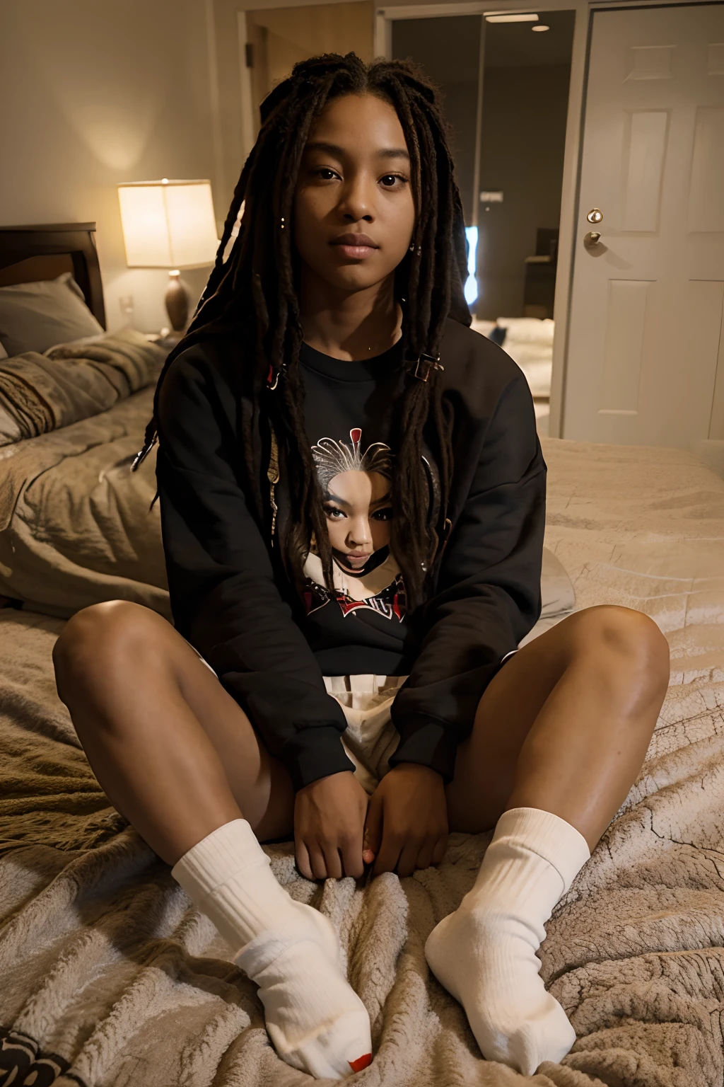 girl, brown skin, asian, dreads, pajama sweatshirt miles morales, shorts, socks, bedroom sexy pose