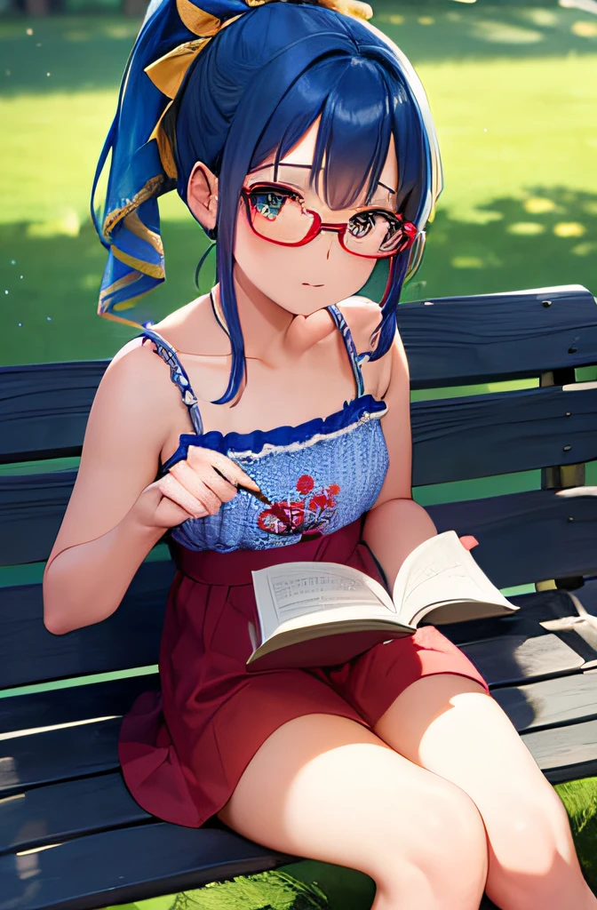 6--old l,Blue hair in a ponytail+(Ribbon embroidered with gold thread on red fabric),Green eyes,Red-rimmed glasses,Reading on a park bench,Legs spread sloppily wide,See-through camisole