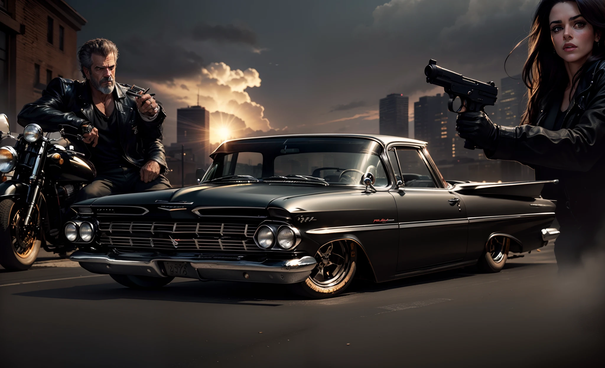 um imponente, Classic black 1959 Chevy El Camino in the foreground, behind a close-up of a gangster Mel Gibson propped up on a motorbike and armed with a pistol and a beautiful gangster Angelina Jollie holding a pistol and the sun and several buildings on a street in the US