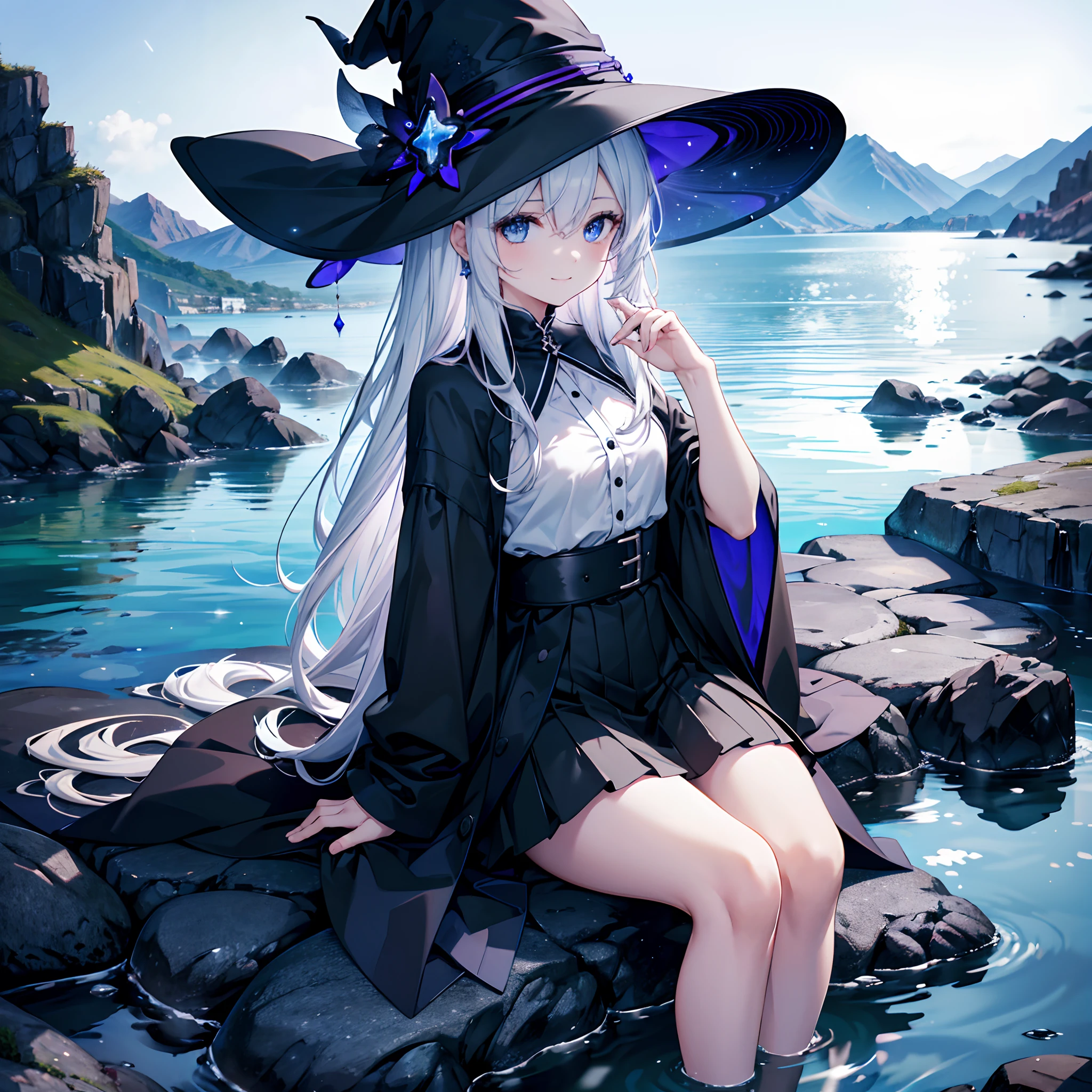 This is a hot spring made of rocks with a nice view in the mountains、deep in the night、Small moon and starry sky、You can see the beautiful sea behind you、Moonlight reflecting off the sea、One 27-year-old woman with small breasts bathing in a hot spring、She wears a large black witch hat with sapphire accessories、White hair with a bluish-purple mesh、Blue eyes with highlights、Black long coat、White camisole、White T-shirt without buttons、a black skirt、Black sneakers with white shoelaces、small tits、discreet breasts、A fragile smile、hiquality、High Details、high-level image quality、4K picture quality、beatiful backgrounds