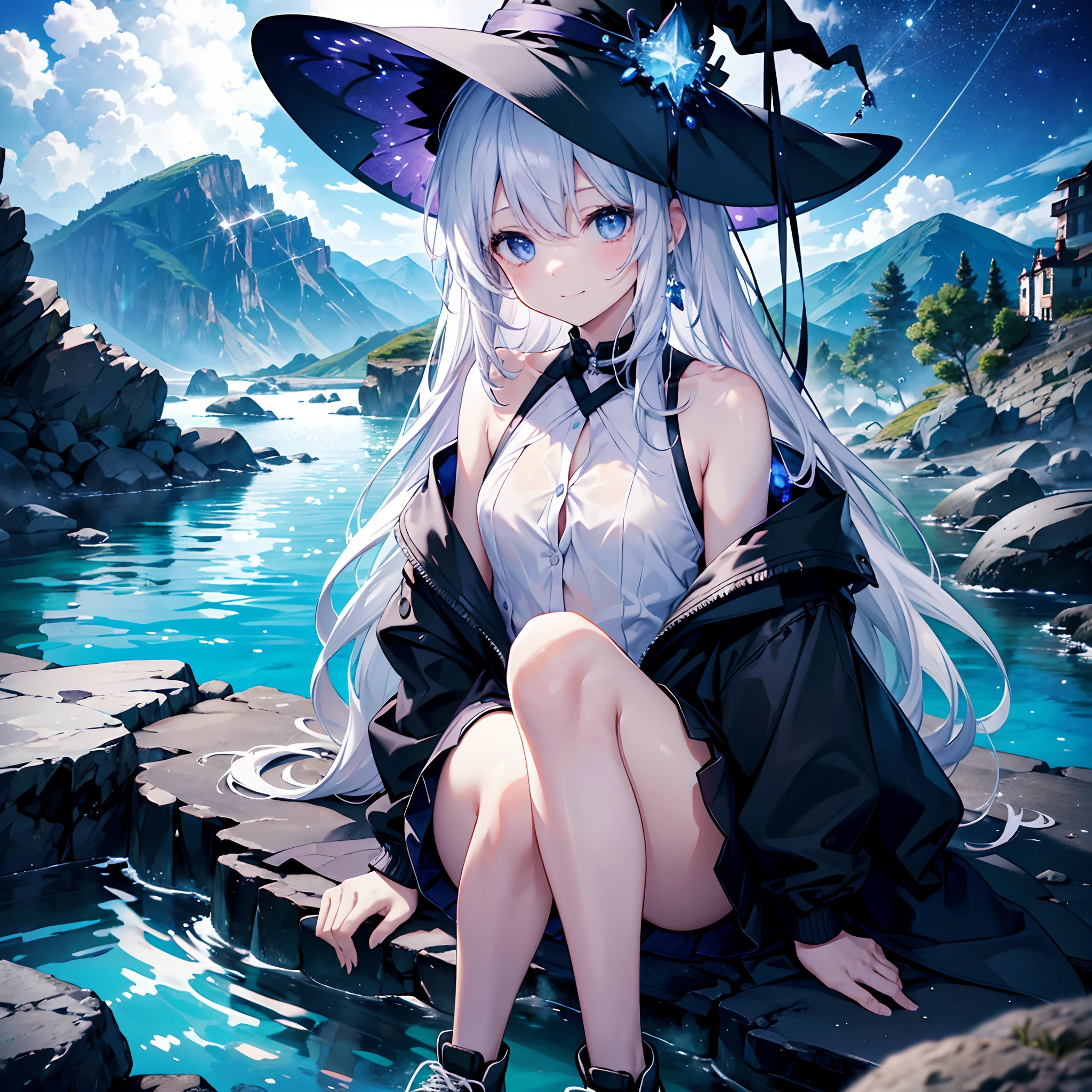 (Masterpiece, Best quality, ultra high resolution),1girl,black clothes, amber eyes, bright eyes,surrounded by tentacles, (squid girl), beautiful and detailed face , detailed eyes,sitting on a rock in the middle of the ocean,cloudy sky, fog, ocean