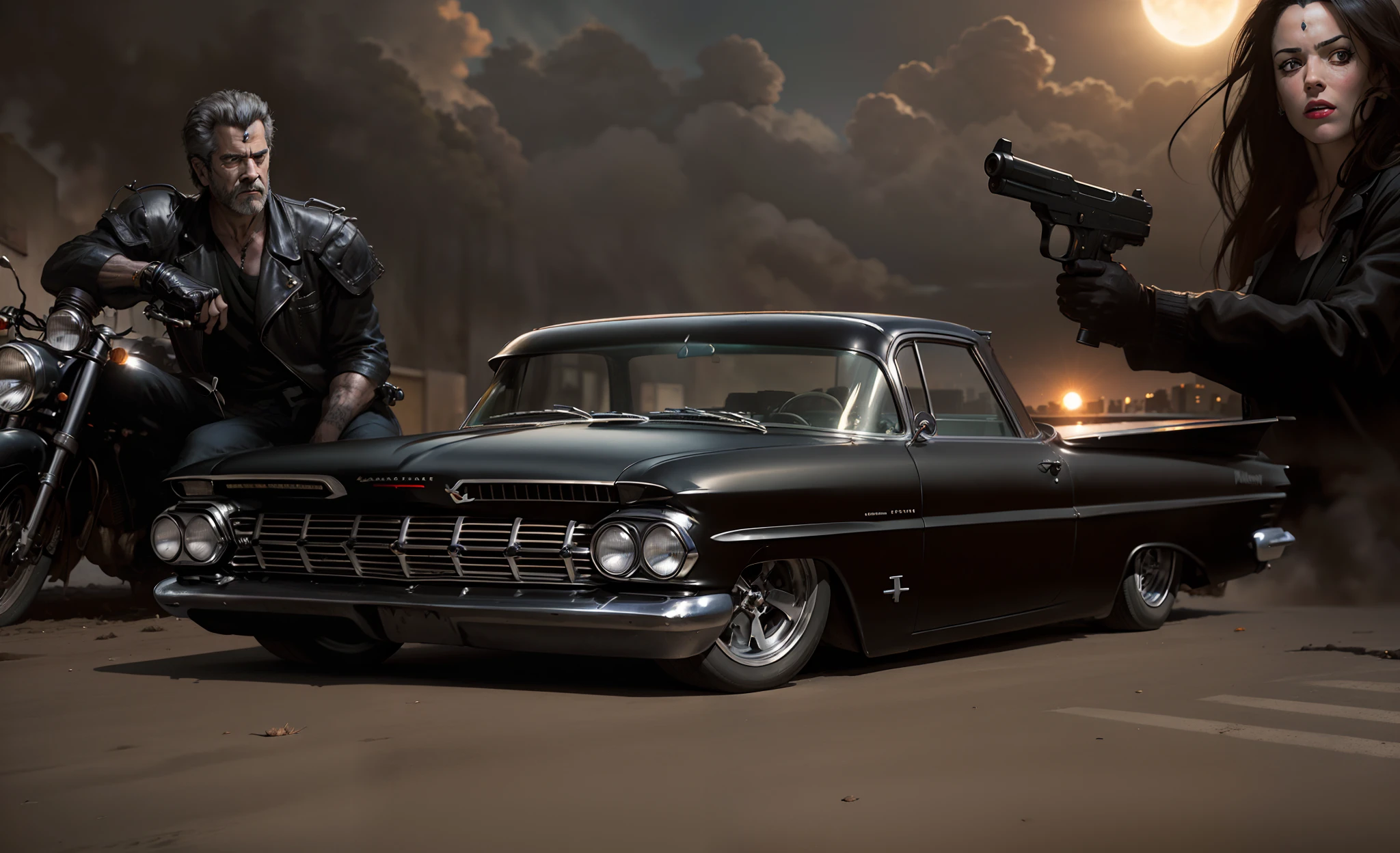 um imponente, Classic Black 1959 Chevy El Camino in the Foreground, behind a close-up of a gangster Mel Gibson propped up on a motorbike and armed with a pistol and a beautiful gangster Angelina Jollie holding a pistol and the sun and several buildings on a street in the US