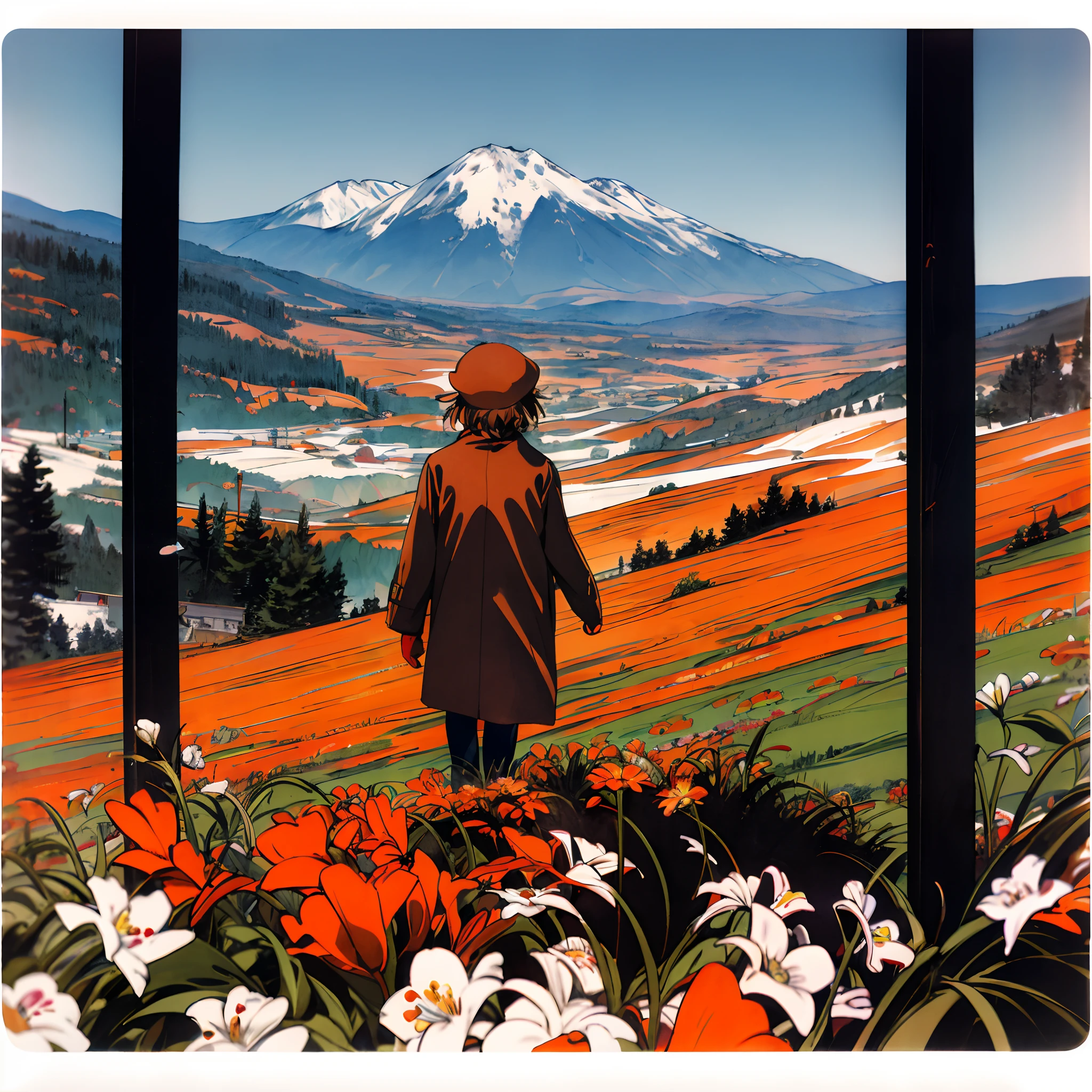 polaroid picture of Mirai Kuriyama wearing a coat and a cap standing on a tall hill, from behind, ((empty background)), winter, ((polaroid)), vintage, red glasses, manga style, far away shot, long sleeves, 1girl, casual clothes, full body, mountain, flowers, border, brown coat