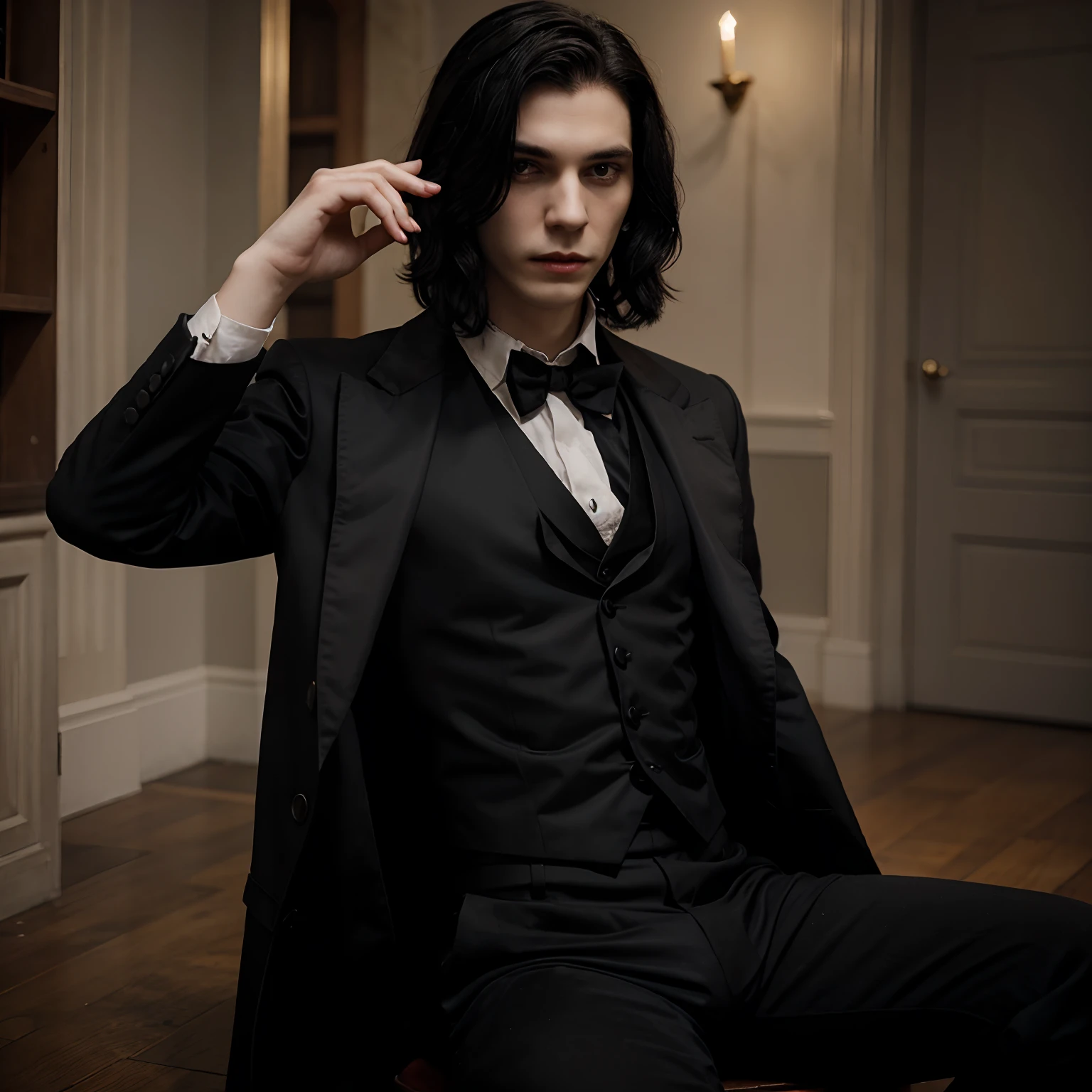 Young adult male, black hair, very pale, looks dead, vampire, dressed in victorian clothes