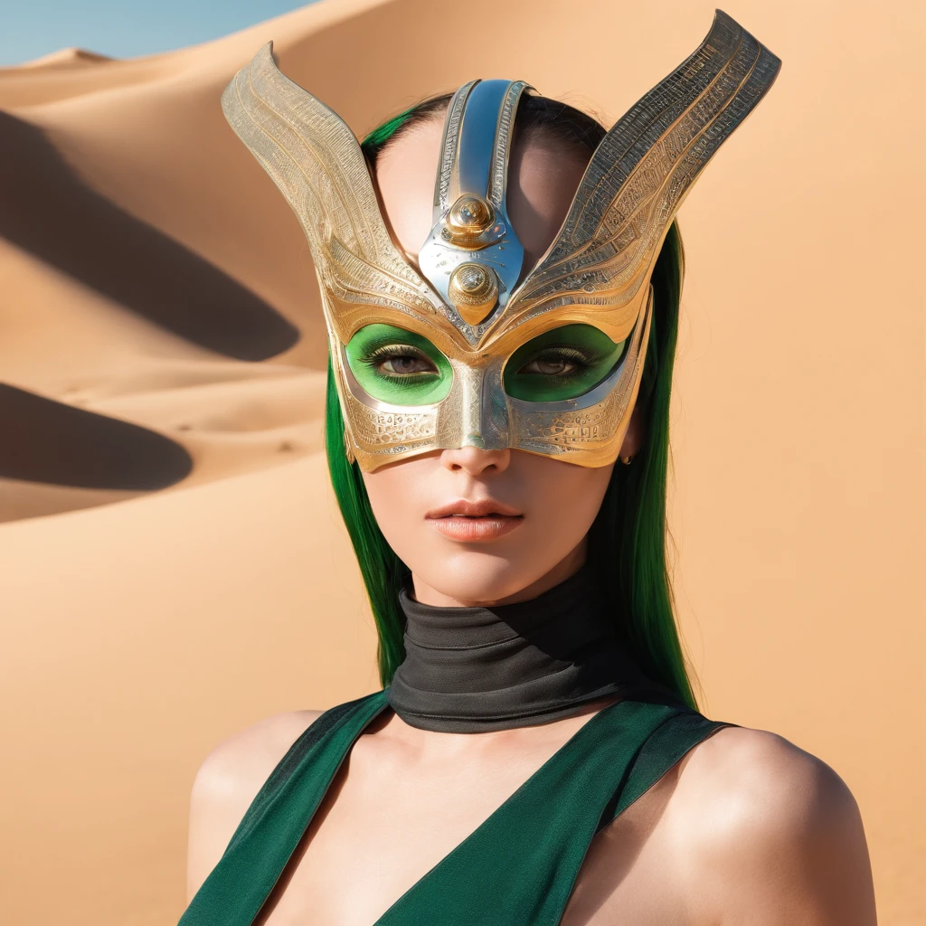 best quality, portrait of a woman i futuristic mask inspired by an ancient egypt mask, details, gold, silver, stones, scarab beetle, green eyes, behind her there is sand dunes, sunset