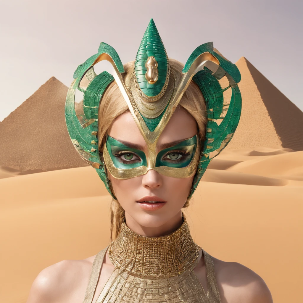 best quality, portrait of a woman i futuristic mask inspired by an ancient egypt mask, details, gold, silver, stones, scarab beetle, green eyes, behind her there is sand dunes, sunset