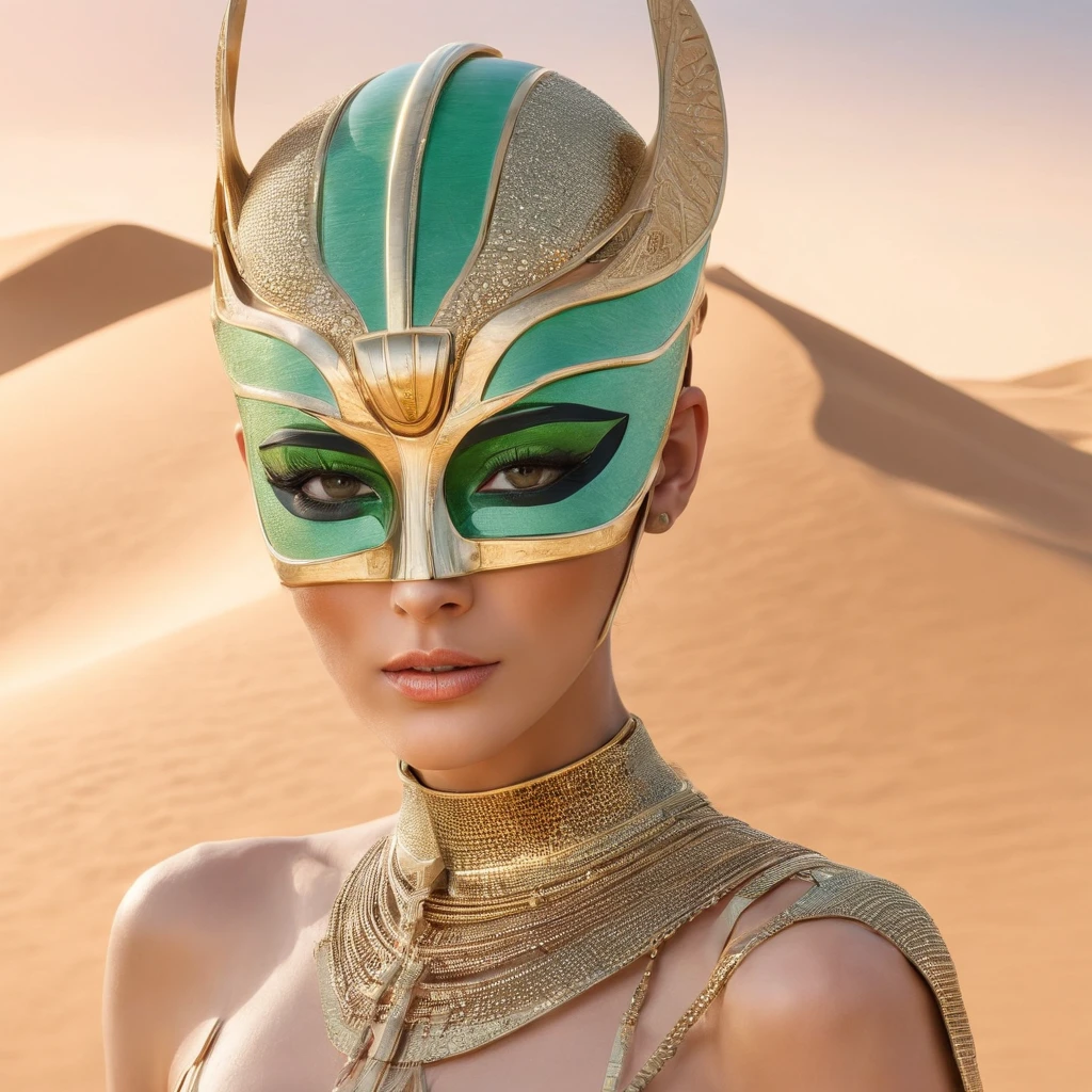 best quality, portrait of a woman i futuristic mask inspired by an ancient egypt mask, details, gold, silver, stones, scarab beetle, green eyes, behind her there is sand dunes, sunset